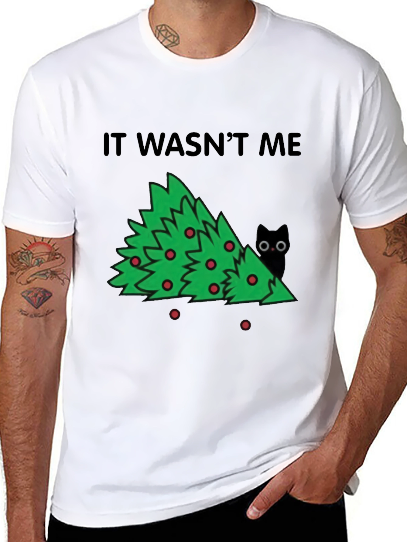 It Wasnt Me Christmas Tree Cat T-Shirt