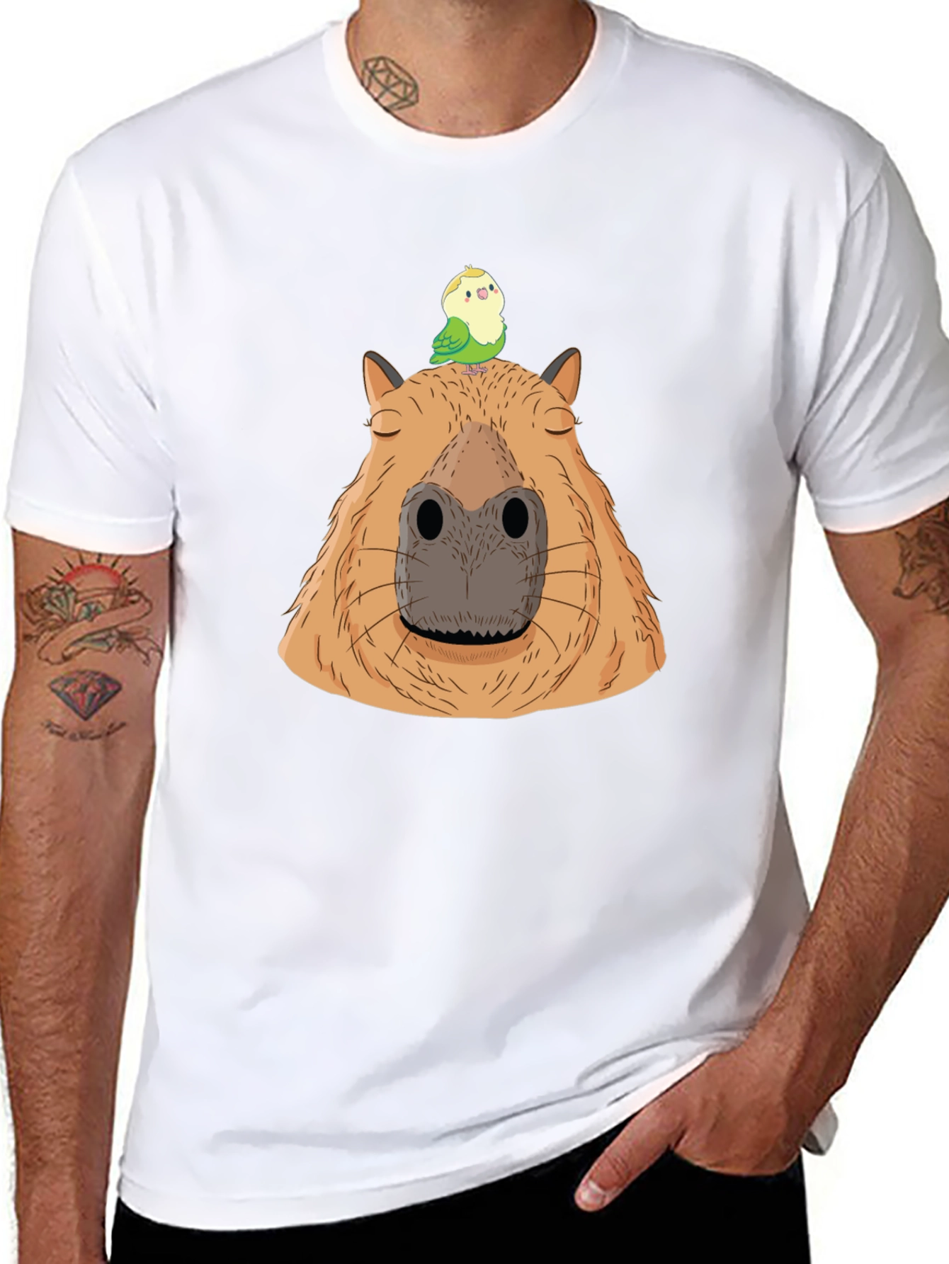 Capybara & Bird Graphic Tee - Unisex Black T-Shirt