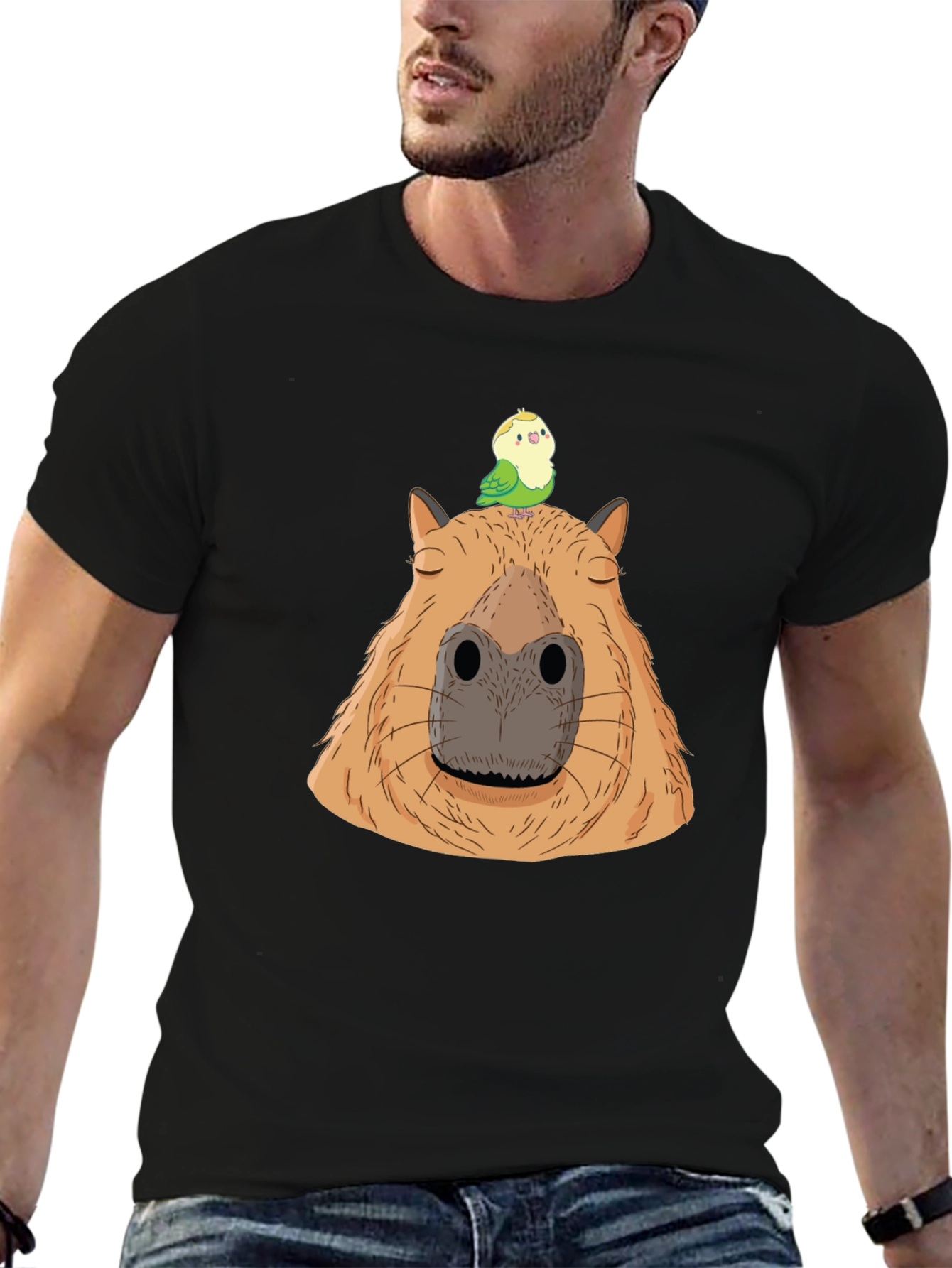 Capybara & Bird Graphic Tee - Unisex Black T-Shirt