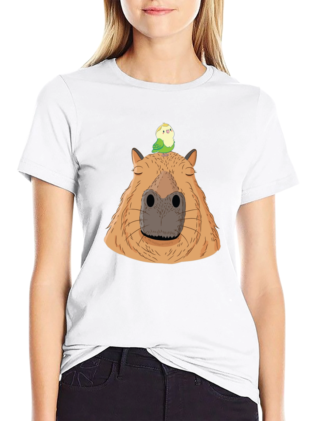 Capybara & Bird Graphic Tee - Unisex Black T-Shirt