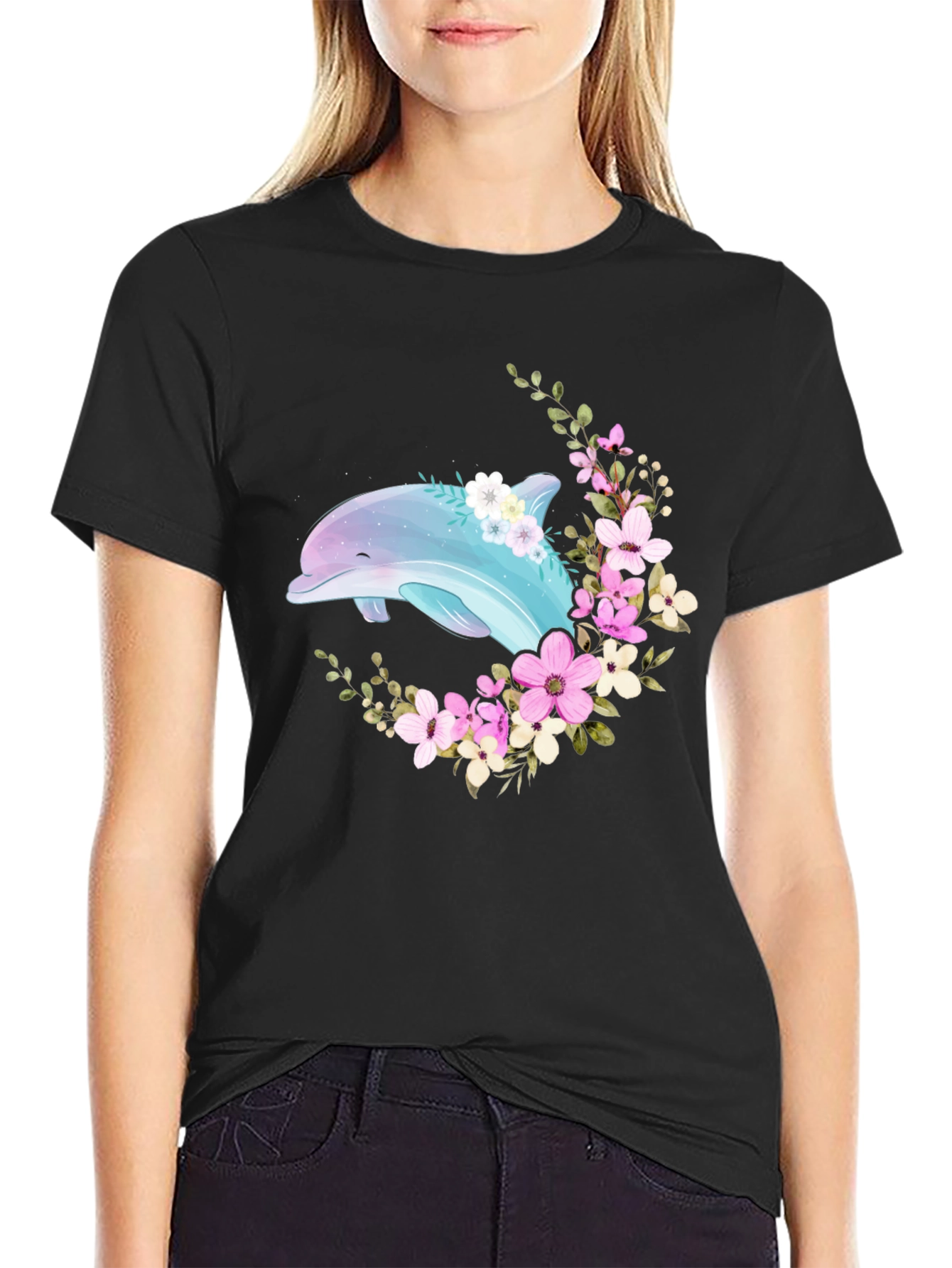 Dolphin Floral T-Shirt - Black