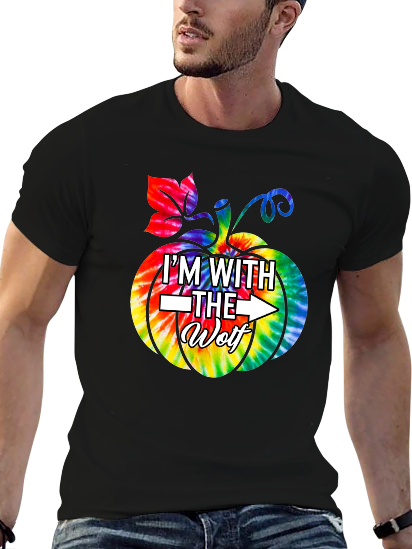 Im With the Wolf Tie Dye Pumpkin Halloween T-Shirt