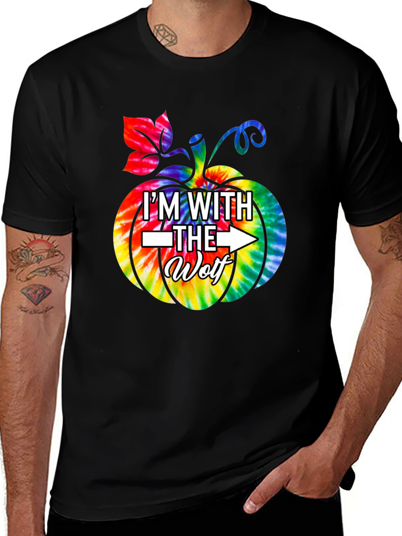 Im With the Wolf Tie Dye Pumpkin Halloween T-Shirt