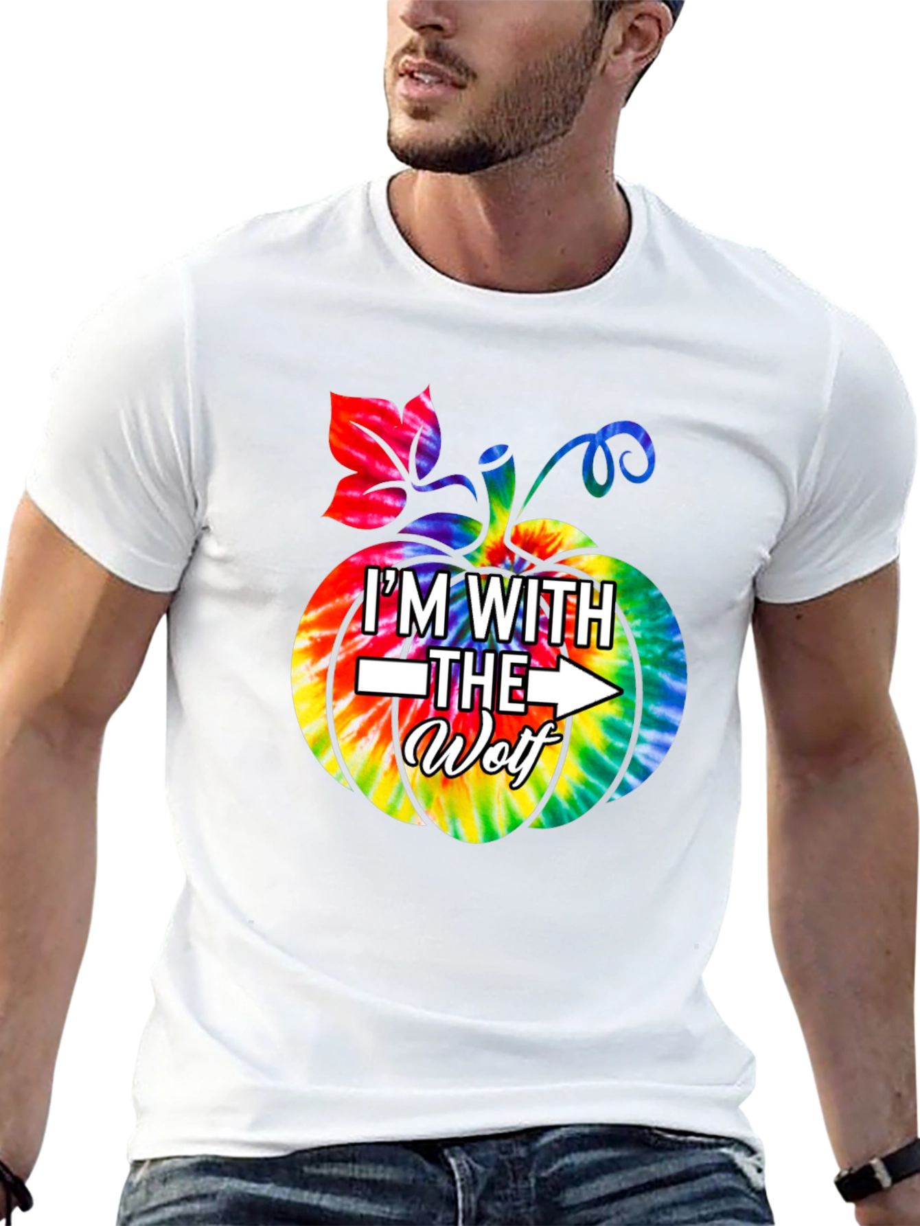 Im With the Wolf Tie Dye Pumpkin Halloween T-Shirt