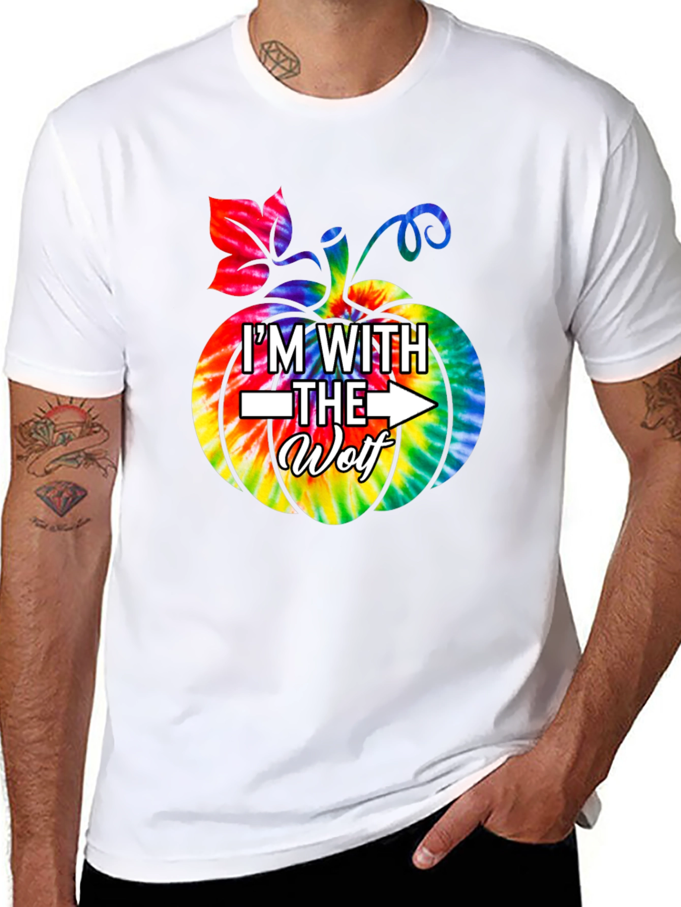Im With the Wolf Tie Dye Pumpkin Halloween T-Shirt