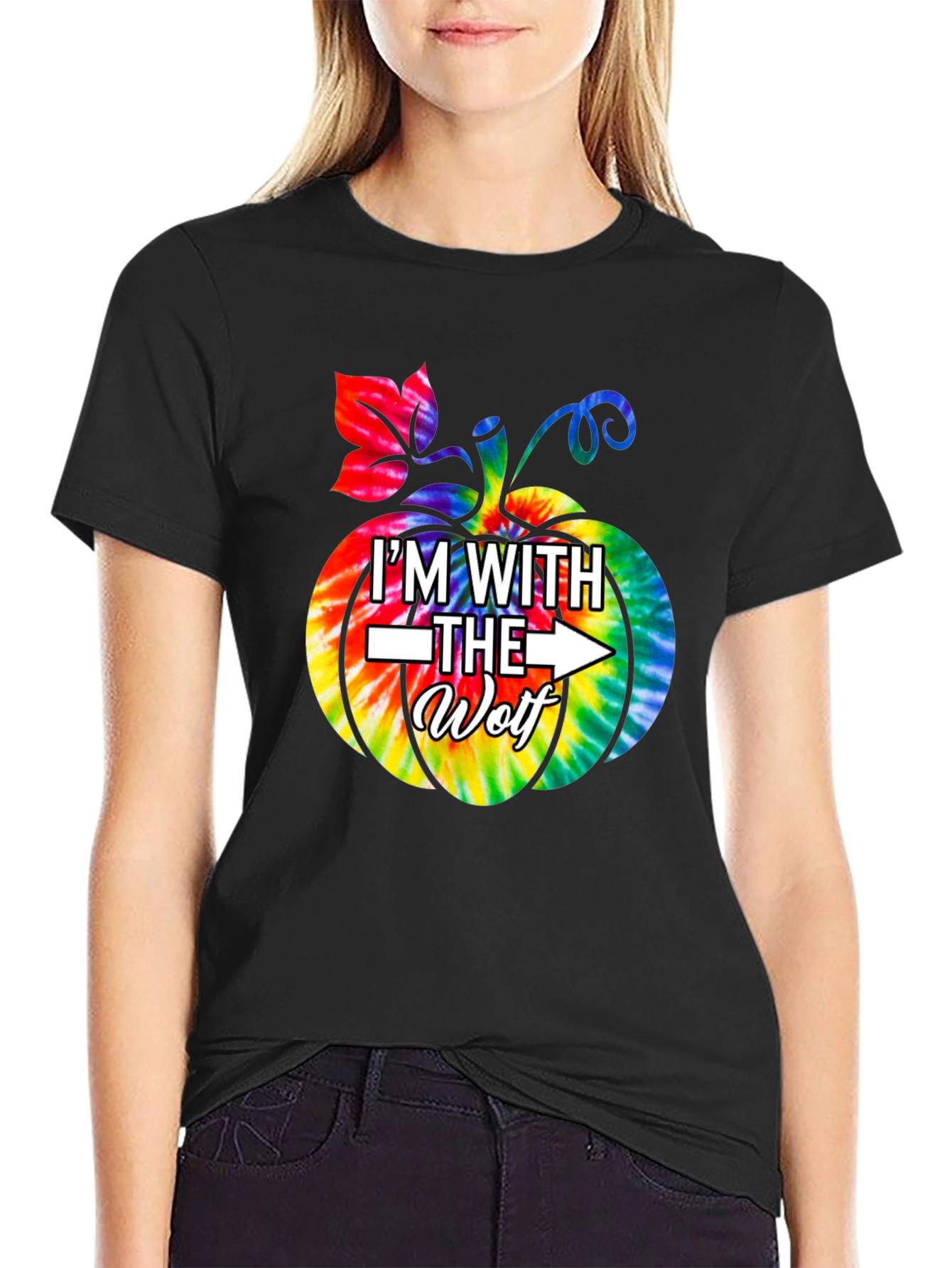 Im With the Wolf Tie Dye Pumpkin Halloween T-Shirt