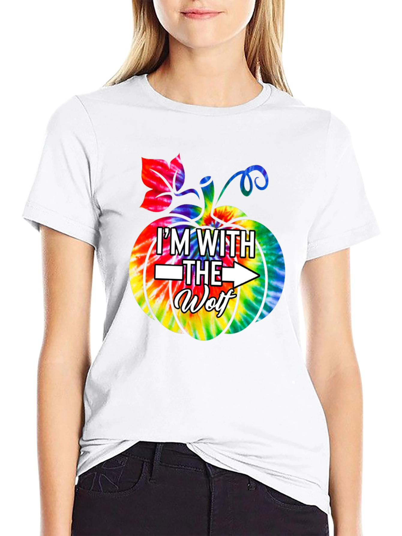Im With the Wolf Tie Dye Pumpkin Halloween T-Shirt