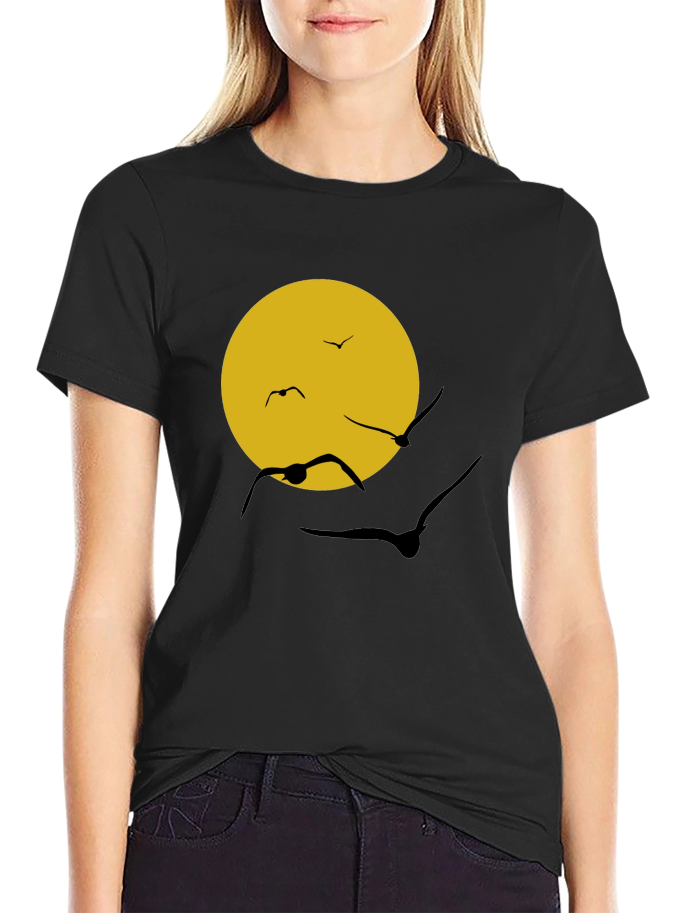 Black T-Shirt with Sun & Birds Graphic