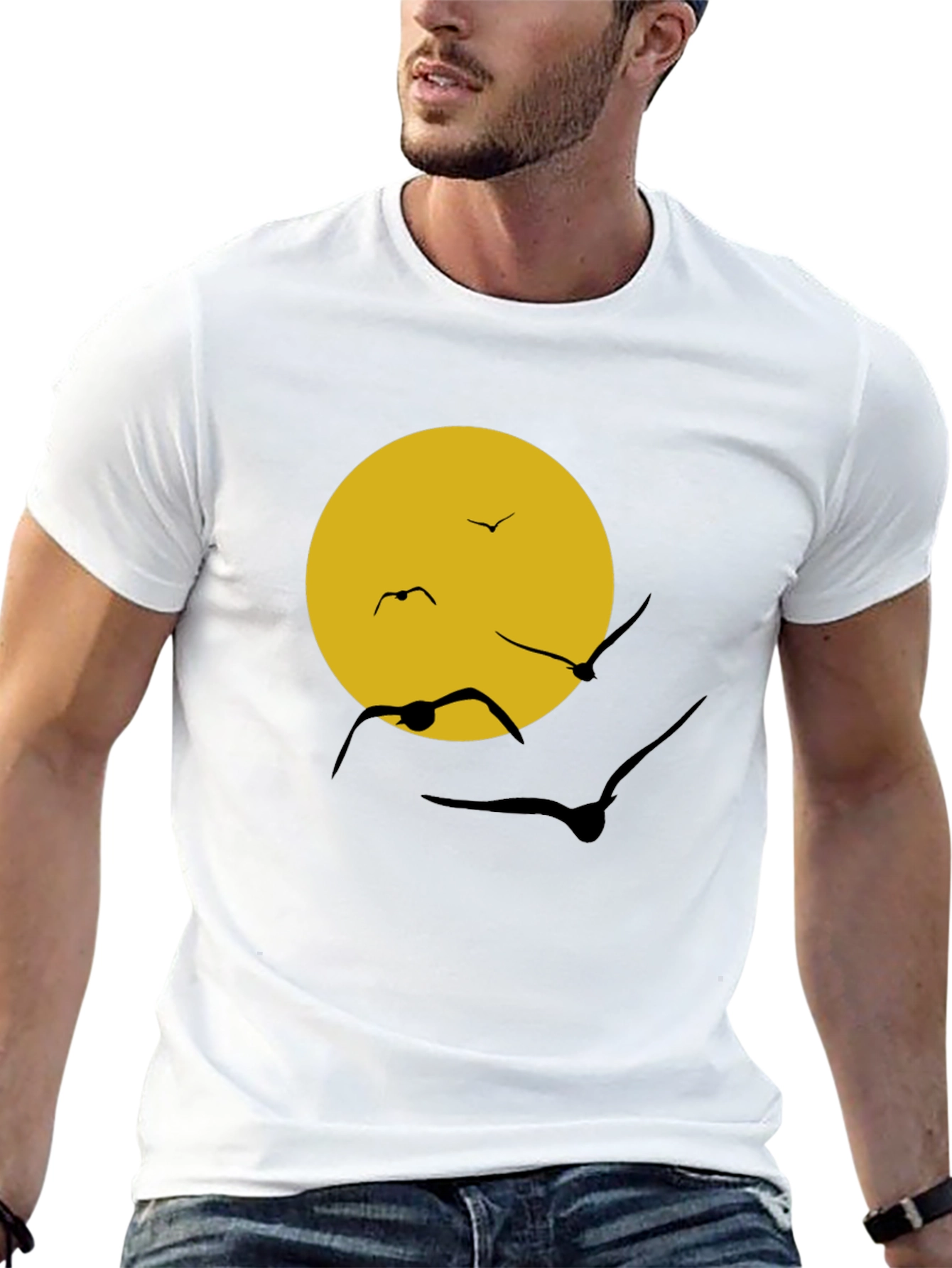Black T-Shirt with Sun & Birds Graphic