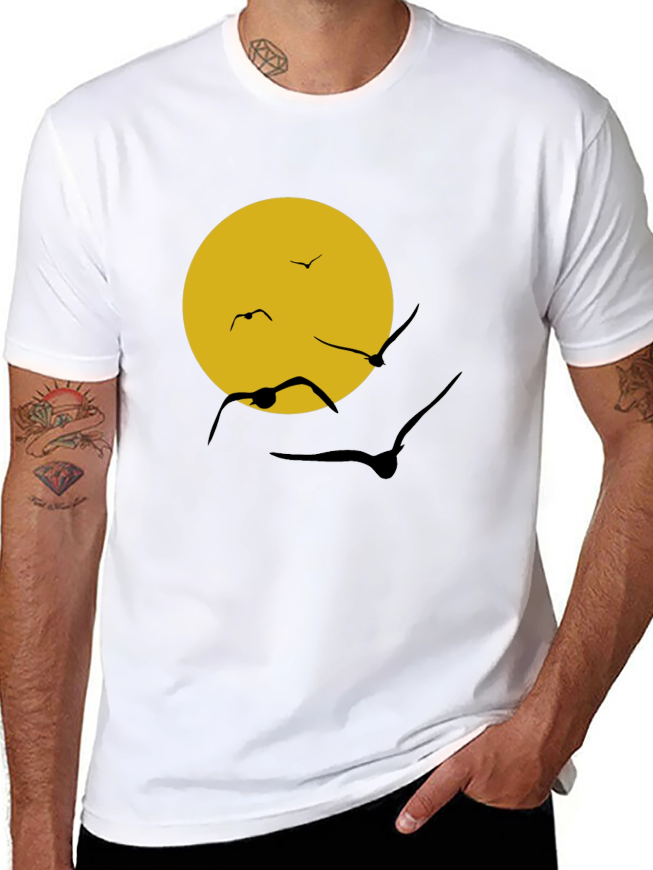 Black T-Shirt with Sun & Birds Graphic