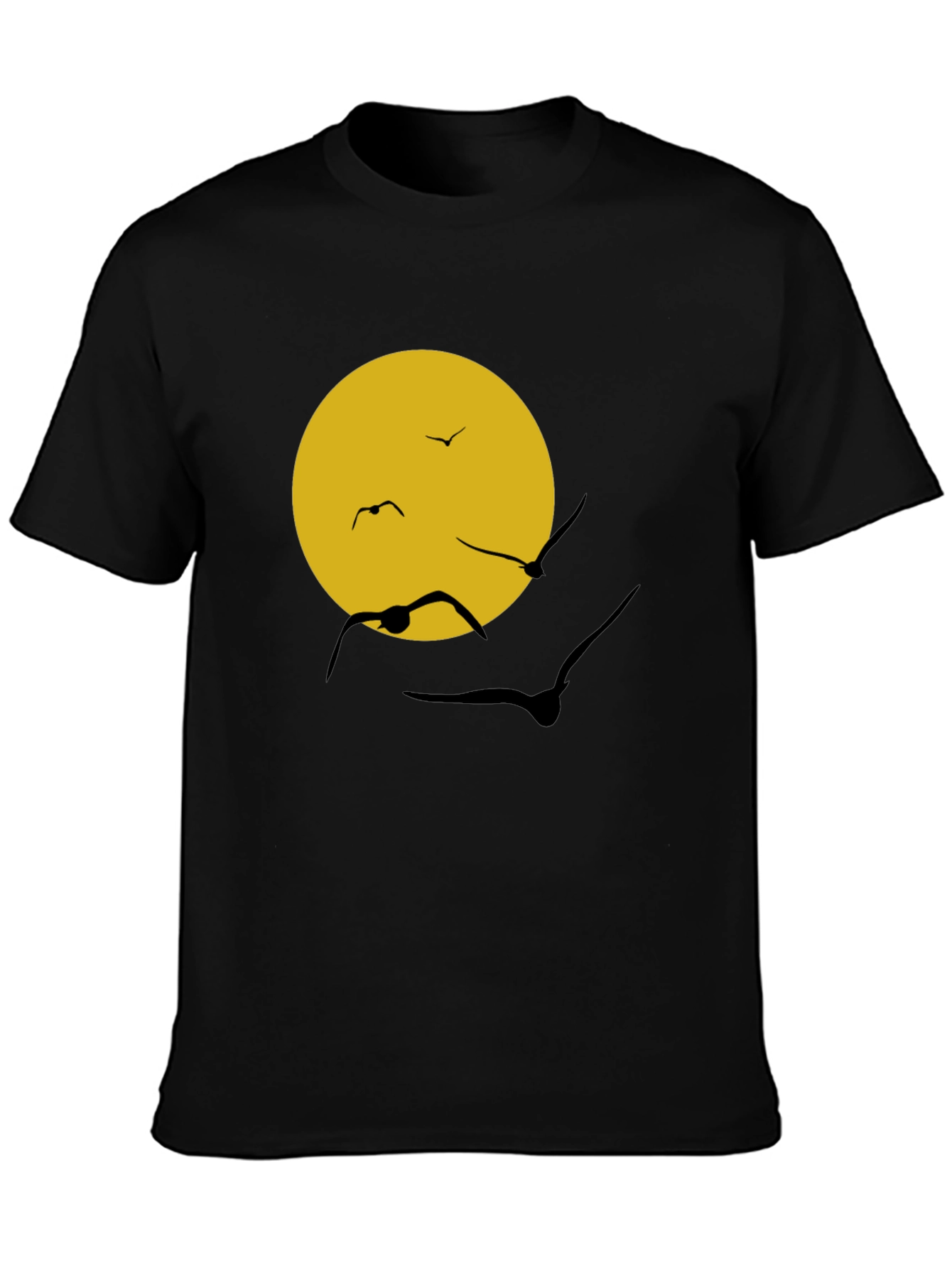 Black T-Shirt with Sun & Birds Graphic