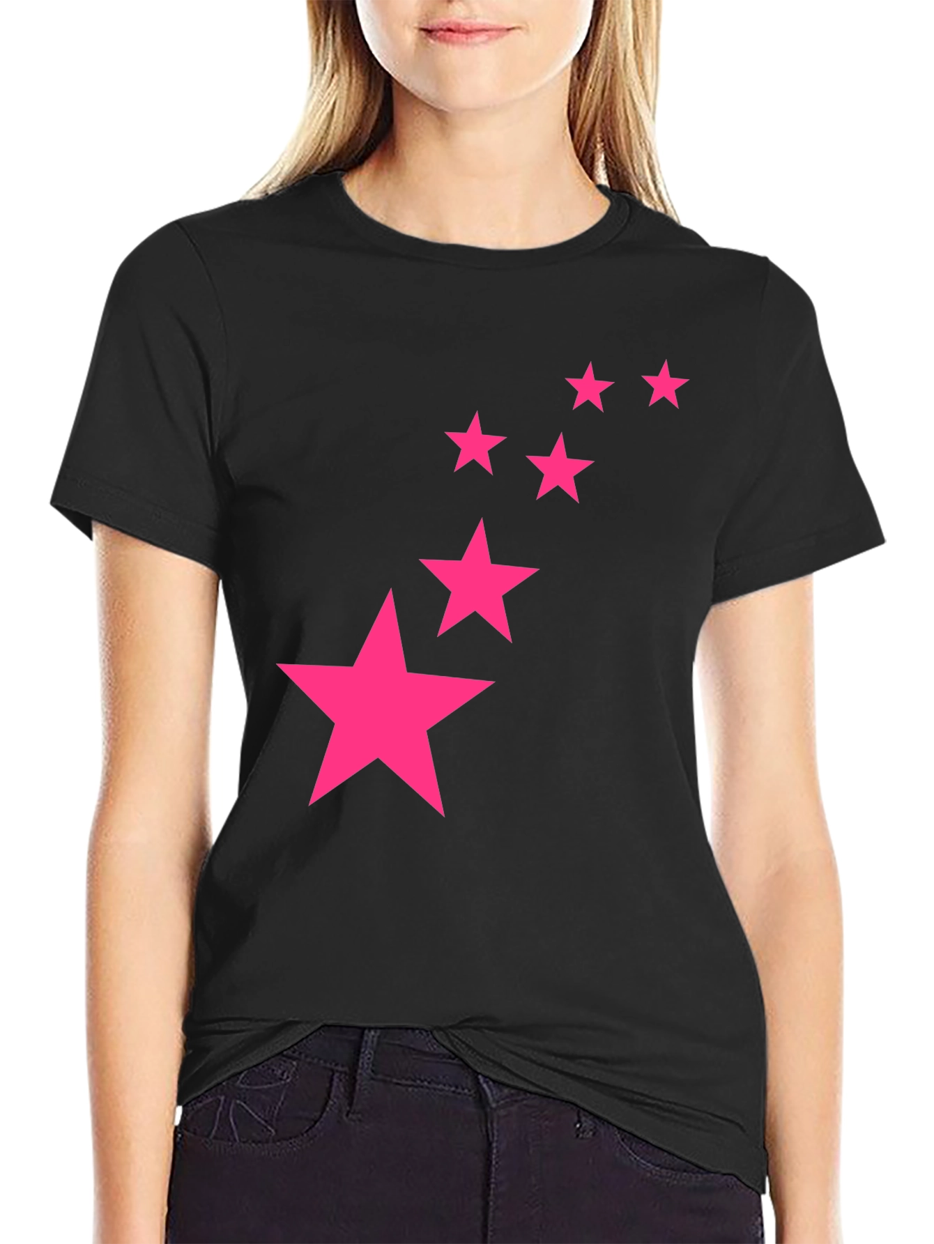 Black Tee with Pink Star Graphic Print