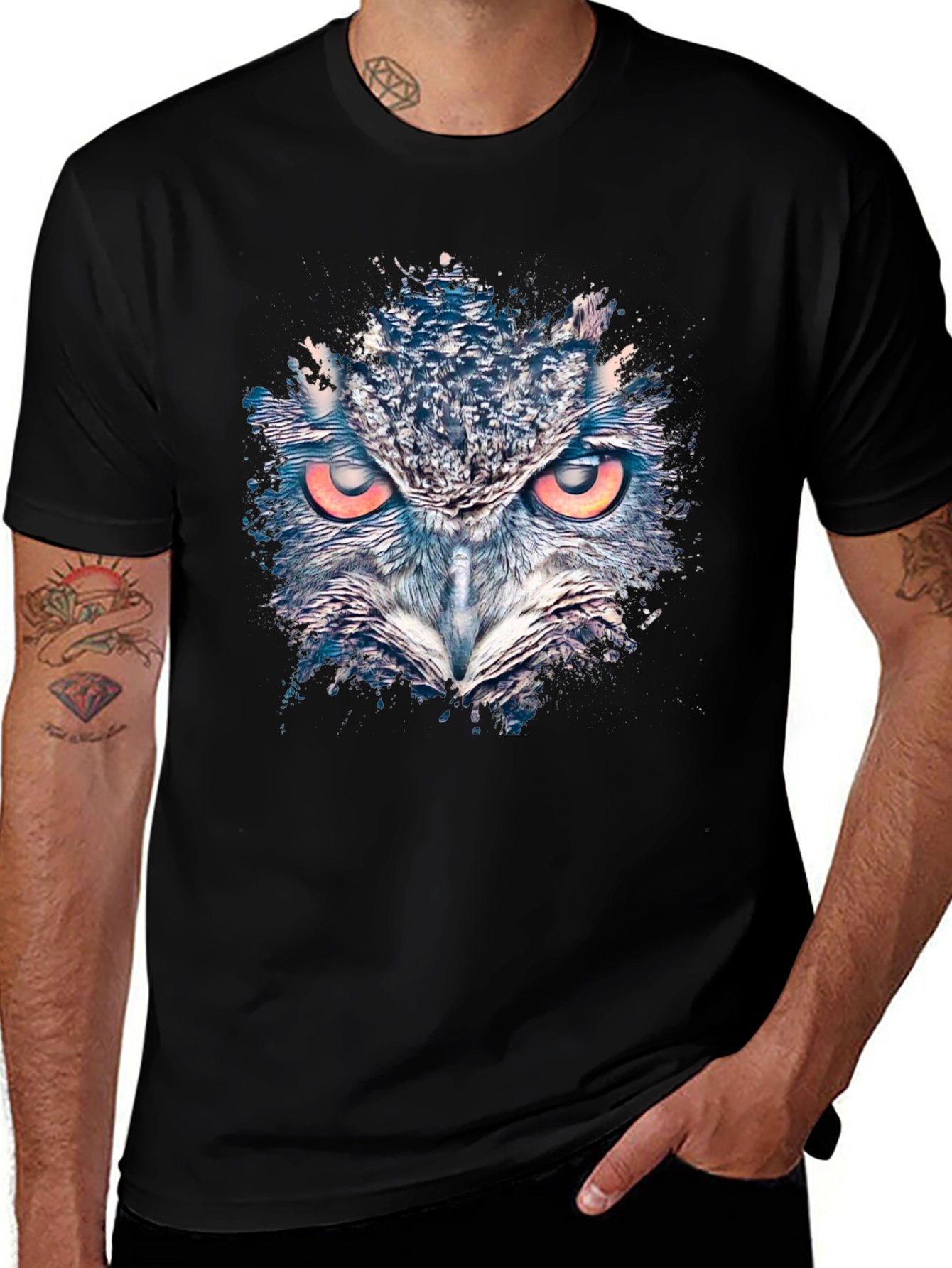 Owl Graphic Print Mens Black T-Shirt