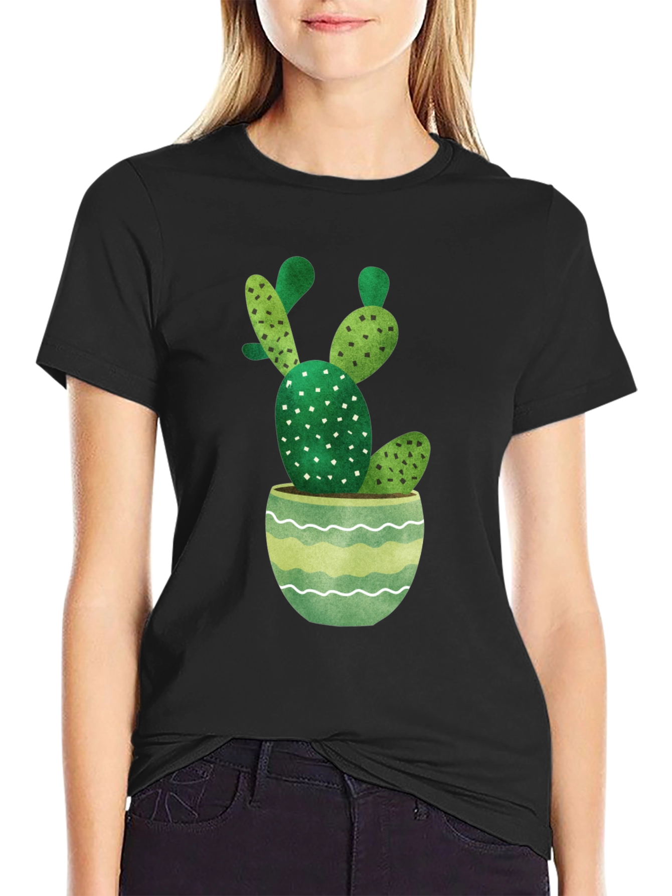 Cactus in Pot Graphic Tee - Stylish Black T-Shirt