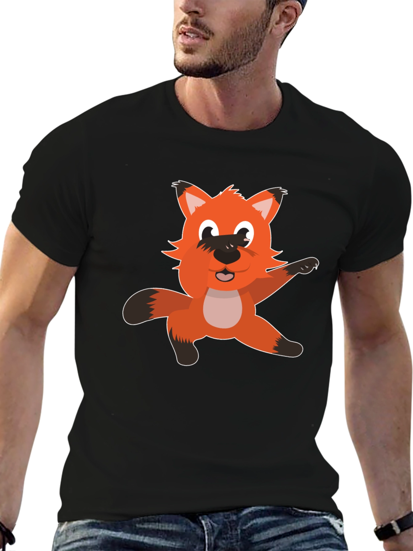 Cartoon Fox Graphic T-Shirt - Black Cotton Tee