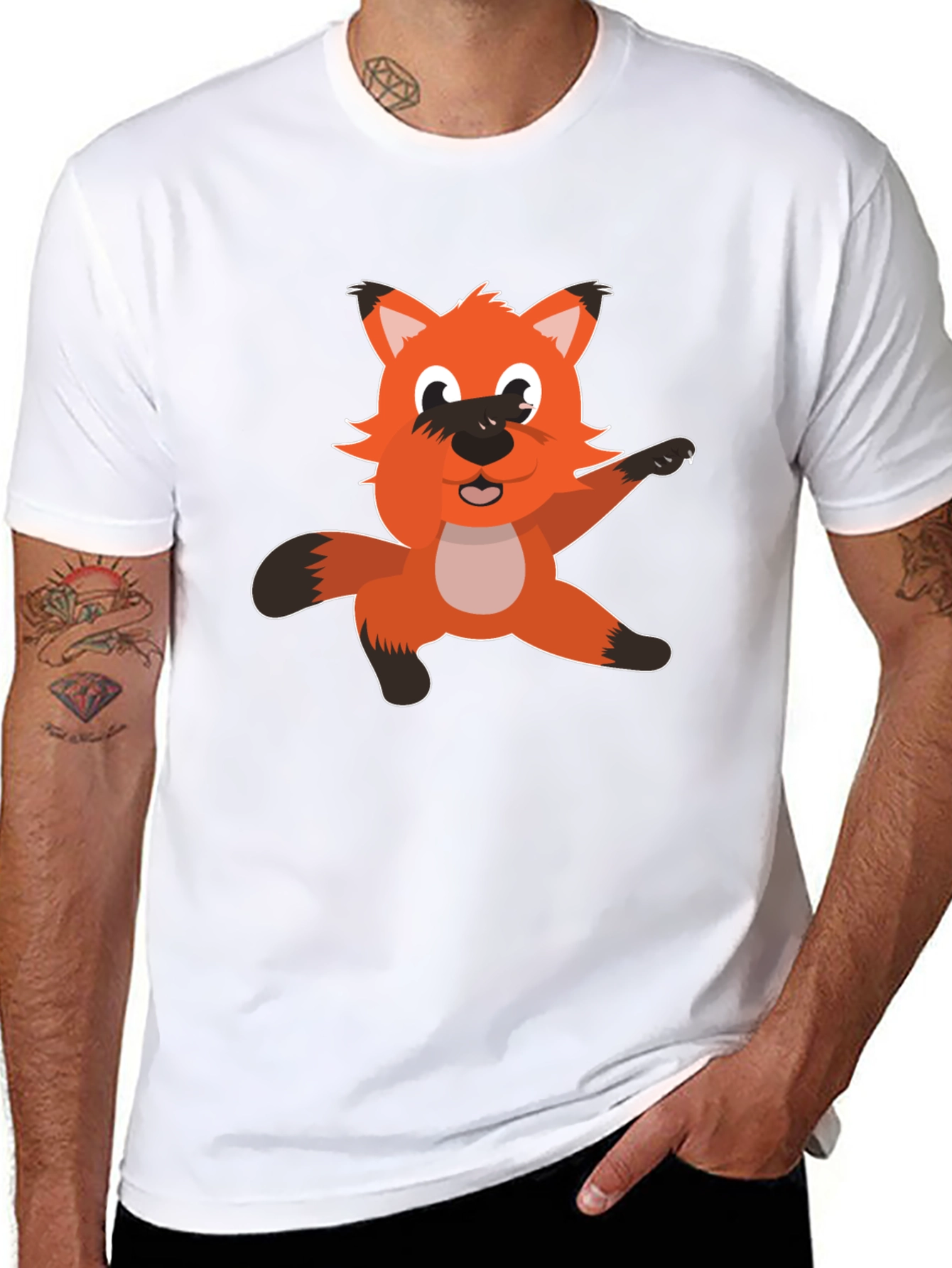 Cartoon Fox Graphic T-Shirt - Black Cotton Tee