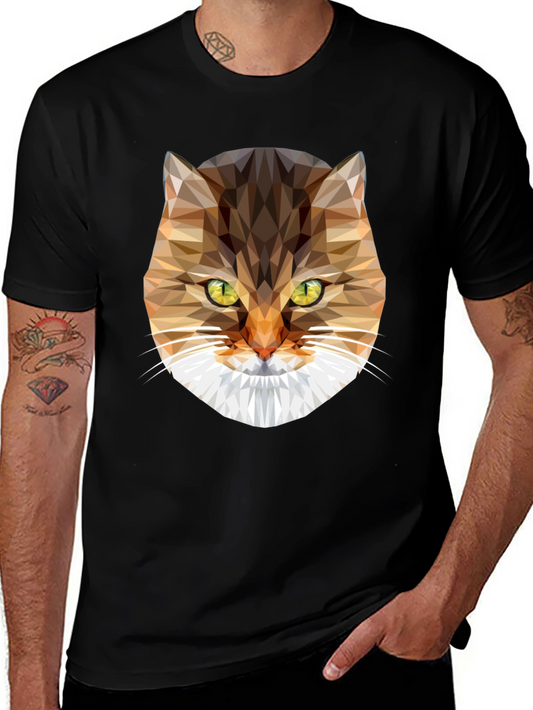 Geometric Cat Face Graphic Tee - Modern Style