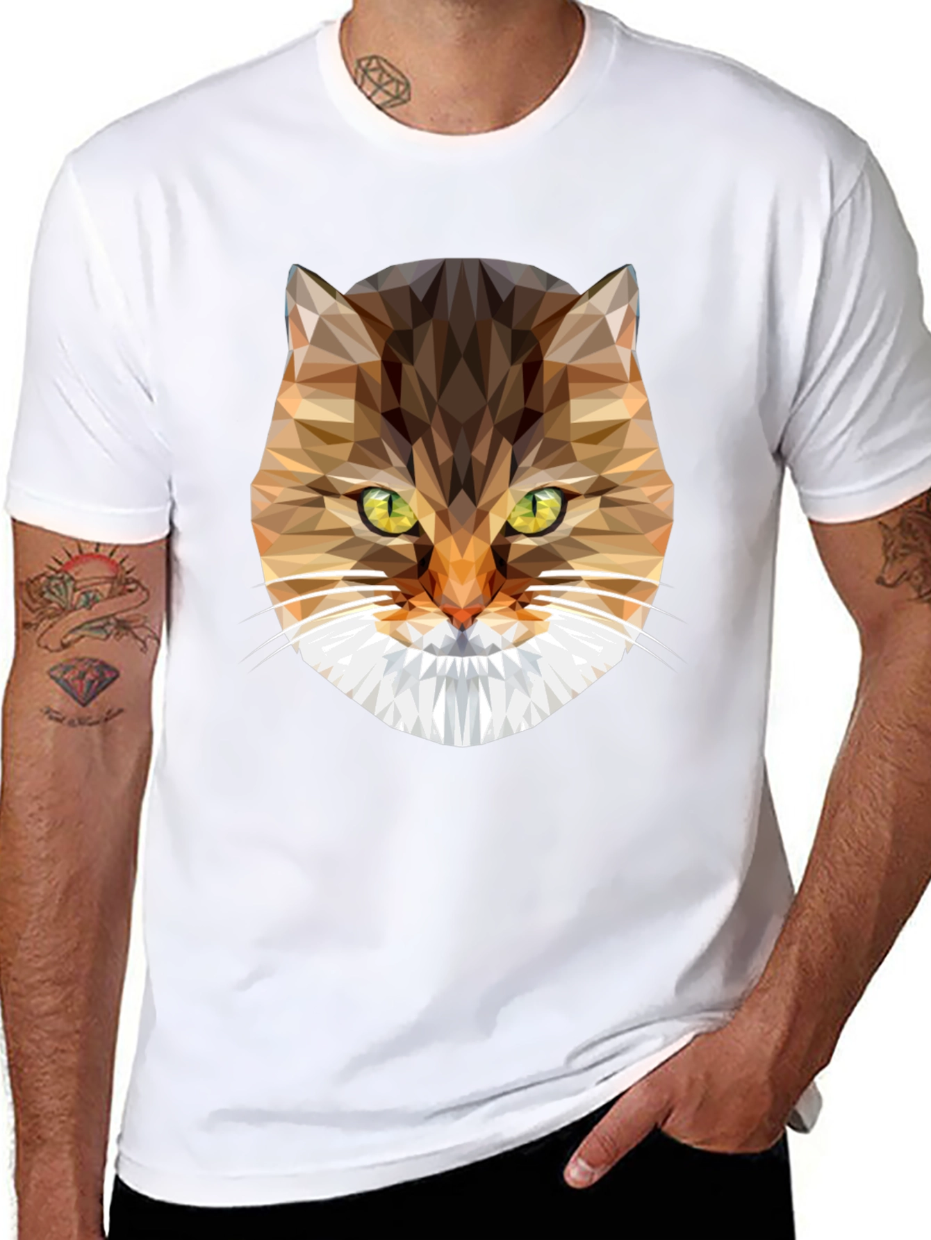 Geometric Cat Face Graphic Tee - Modern Style