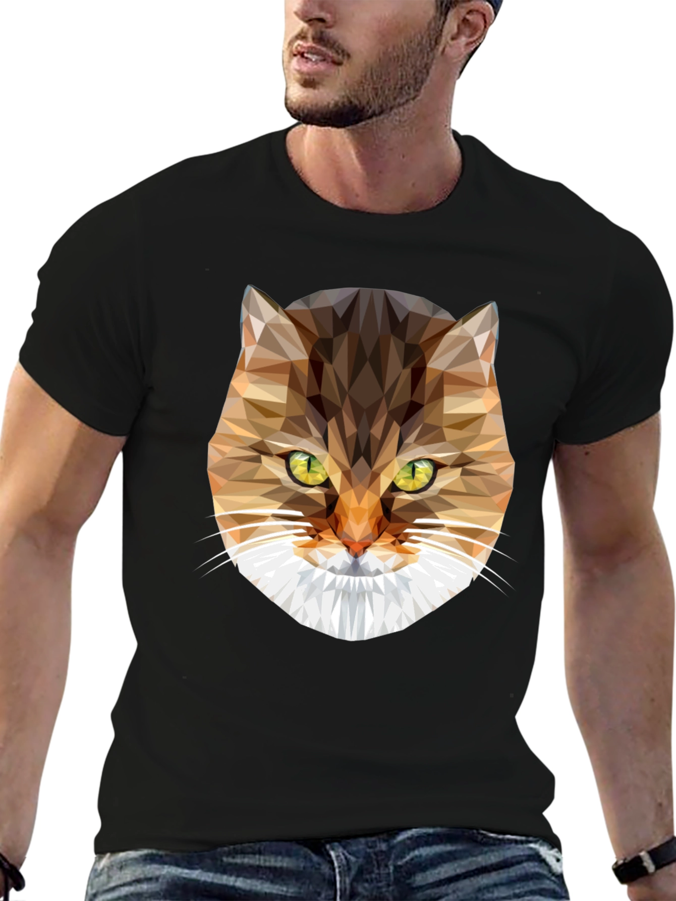 Geometric Cat Face Graphic Tee - Modern Style