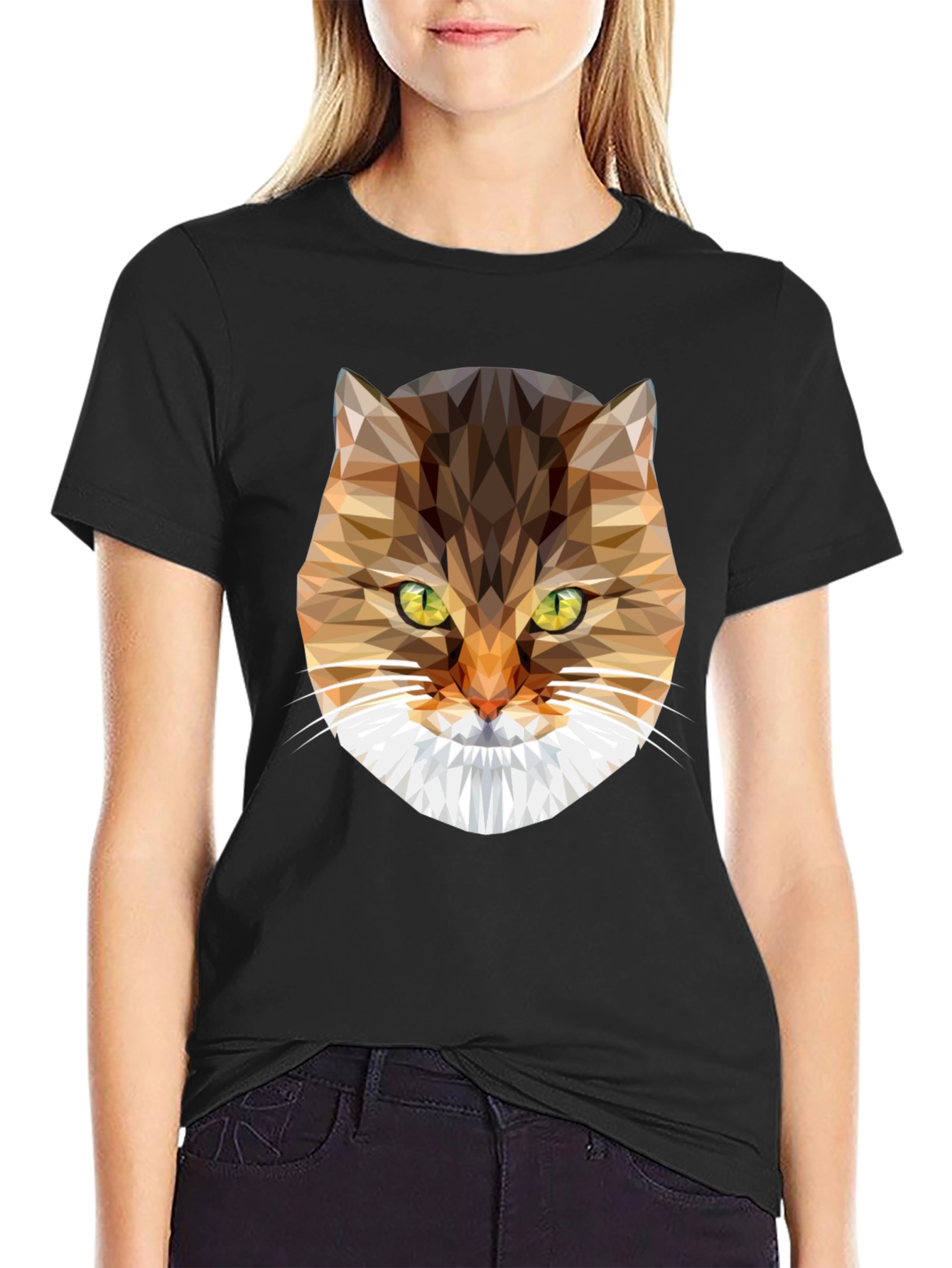 Geometric Cat Face Graphic Tee - Modern Style