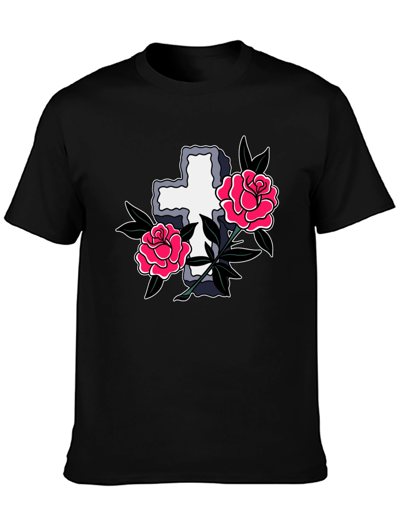 Cross & Roses Graphic T-Shirt - Classic Tattoo Style