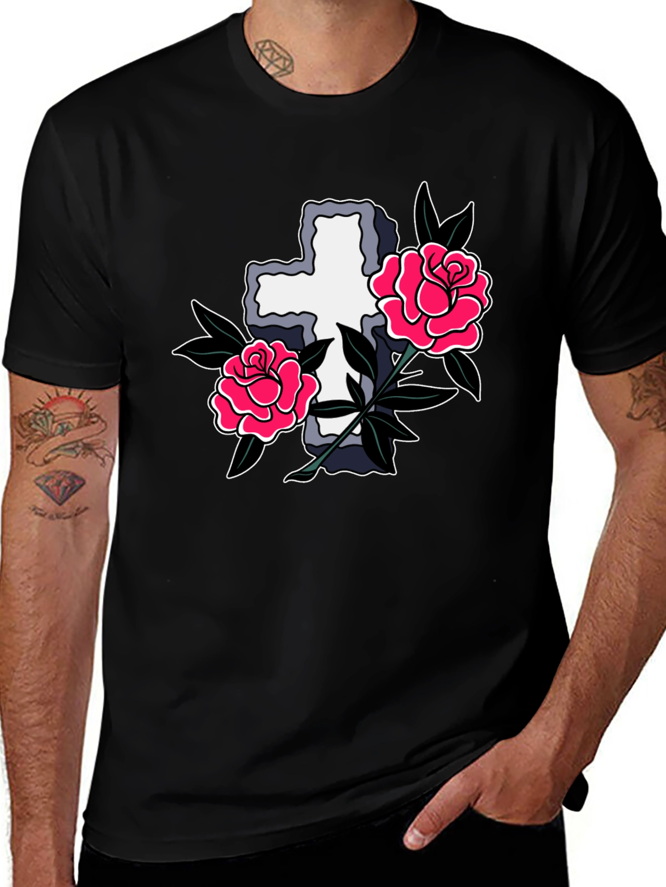 Cross & Roses Graphic T-Shirt - Classic Tattoo Style