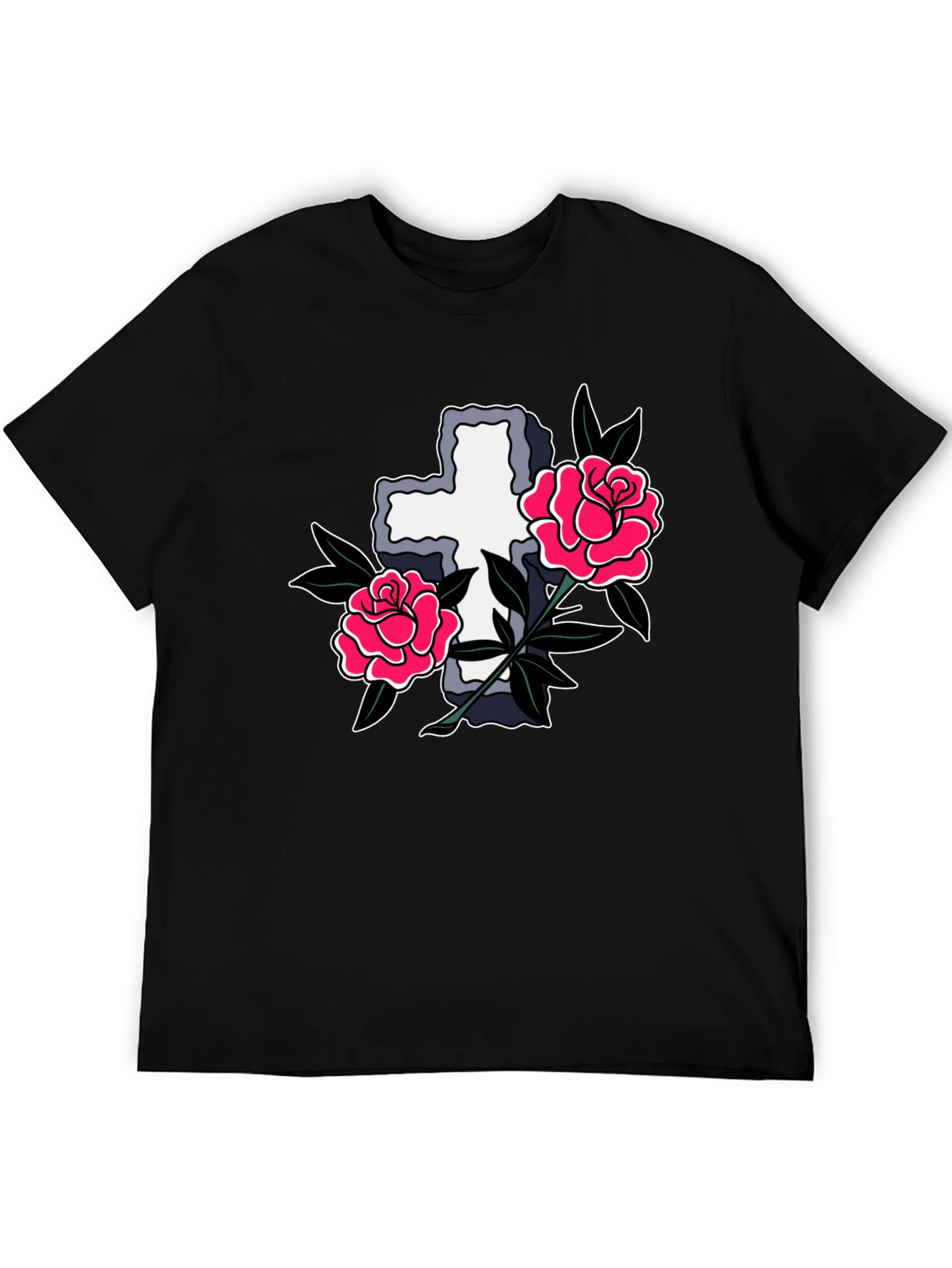 Cross & Roses Graphic T-Shirt - Classic Tattoo Style
