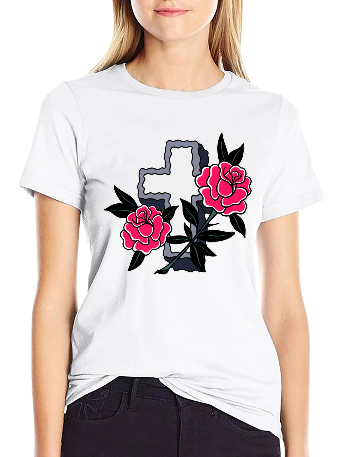 Cross & Roses Graphic T-Shirt - Classic Tattoo Style