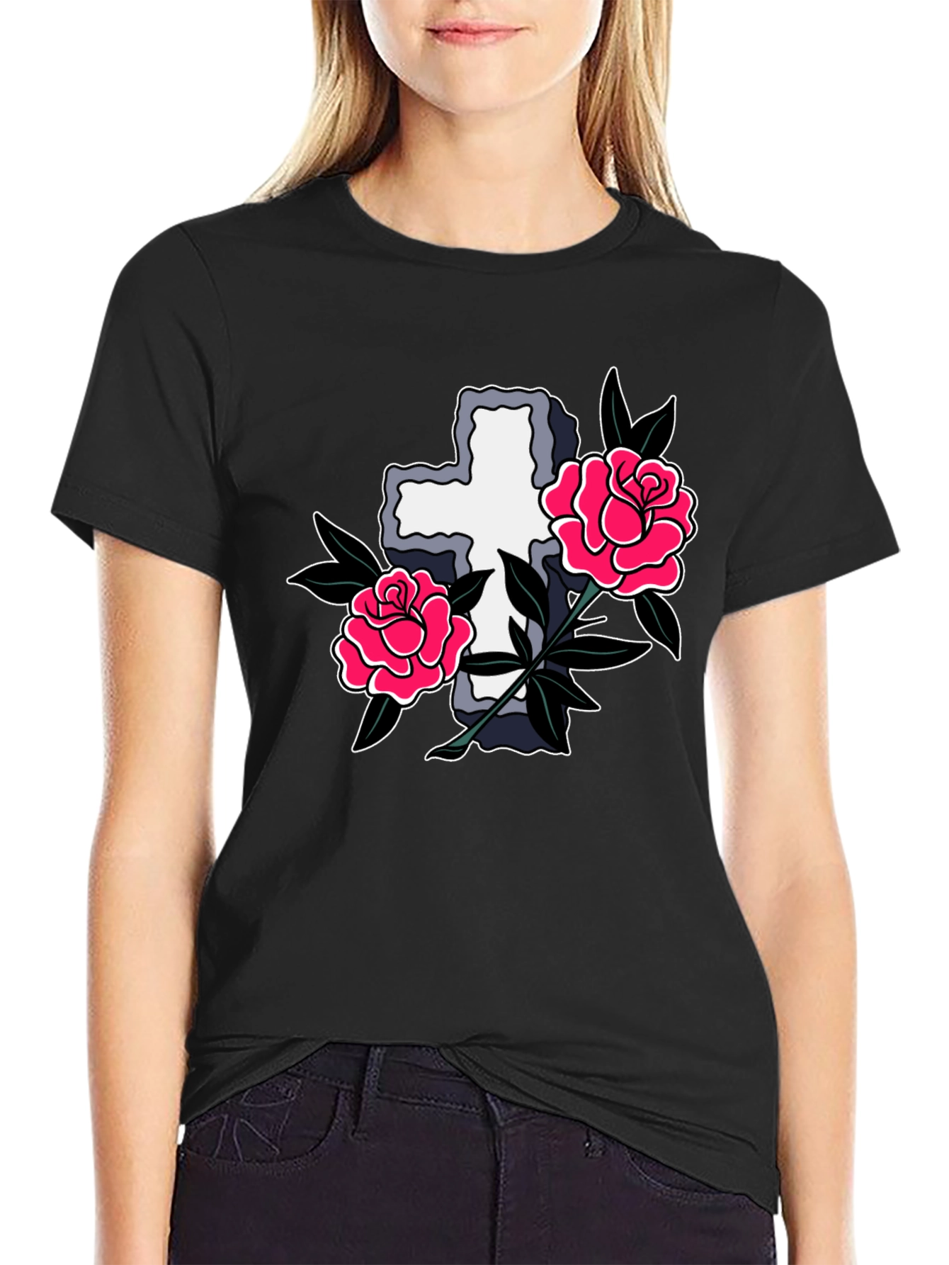 Cross & Roses Graphic T-Shirt - Classic Tattoo Style