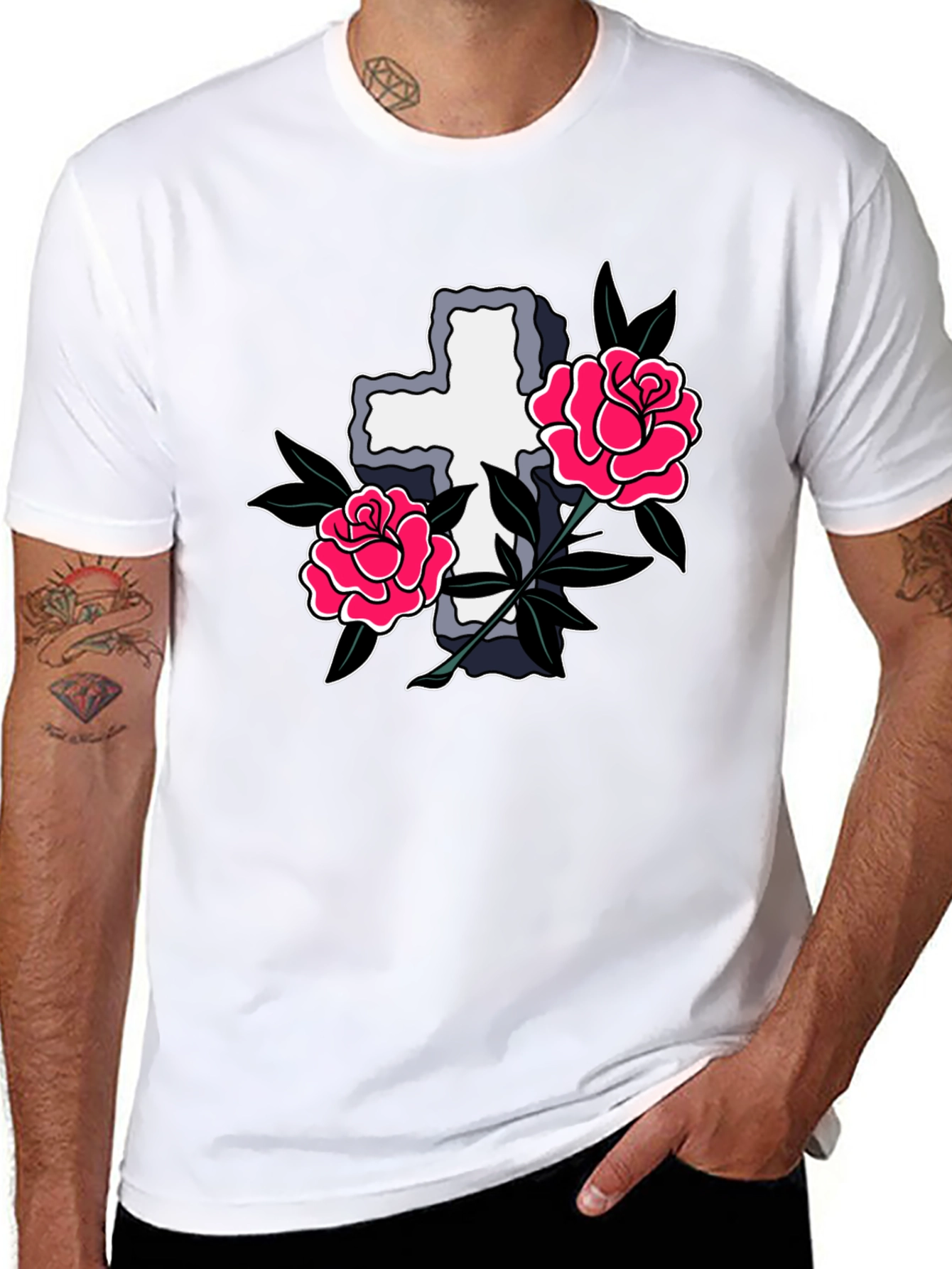 Cross & Roses Graphic T-Shirt - Classic Tattoo Style