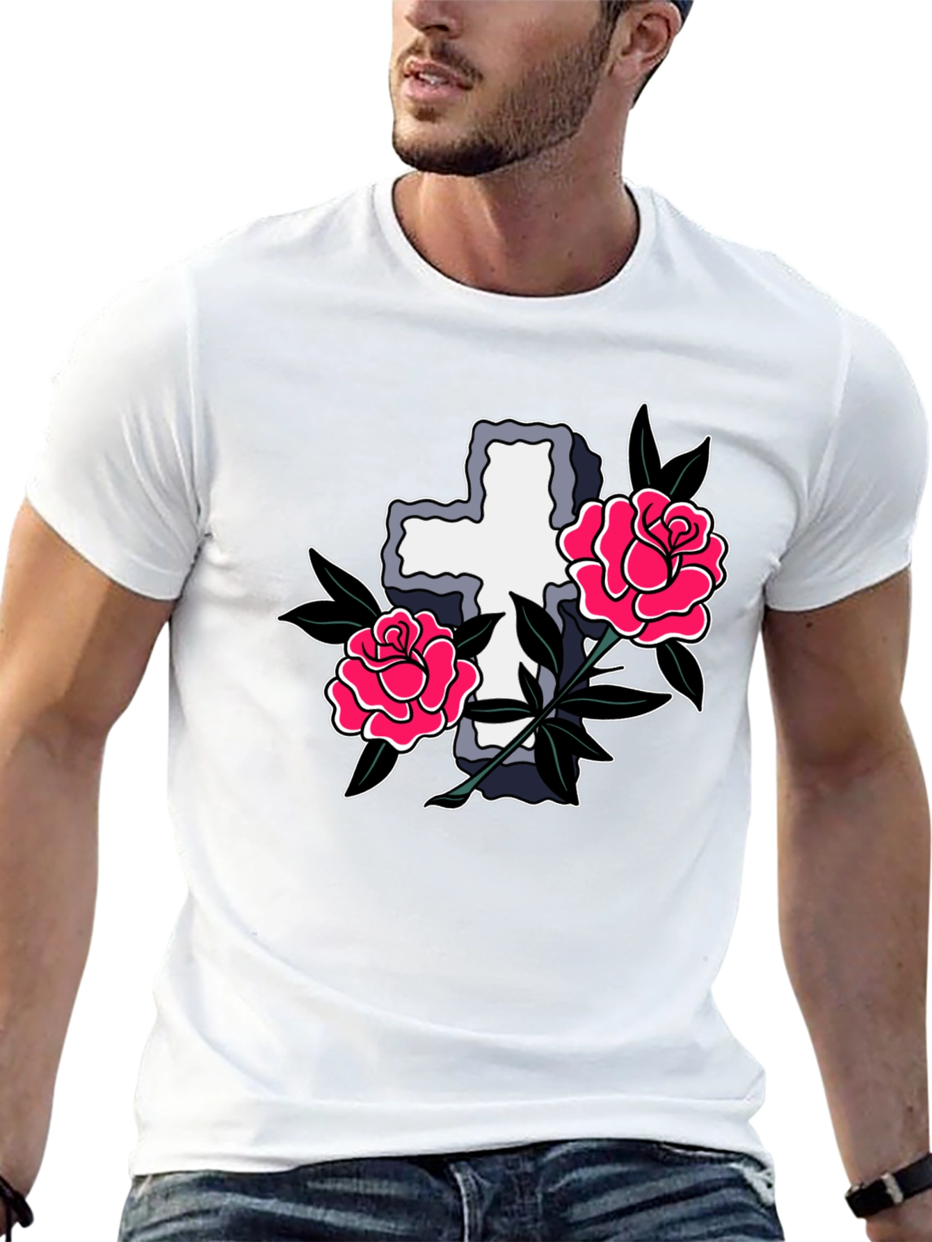 Cross & Roses Graphic T-Shirt - Classic Tattoo Style