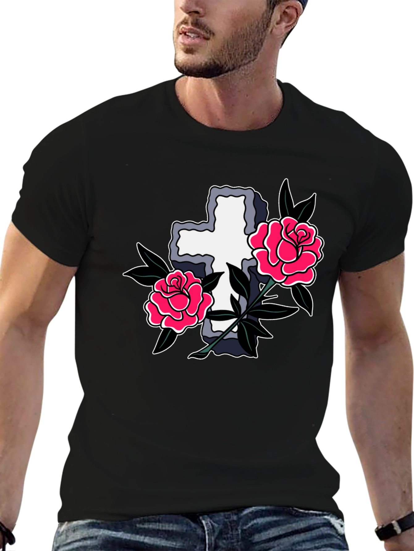 Cross & Roses Graphic T-Shirt - Classic Tattoo Style