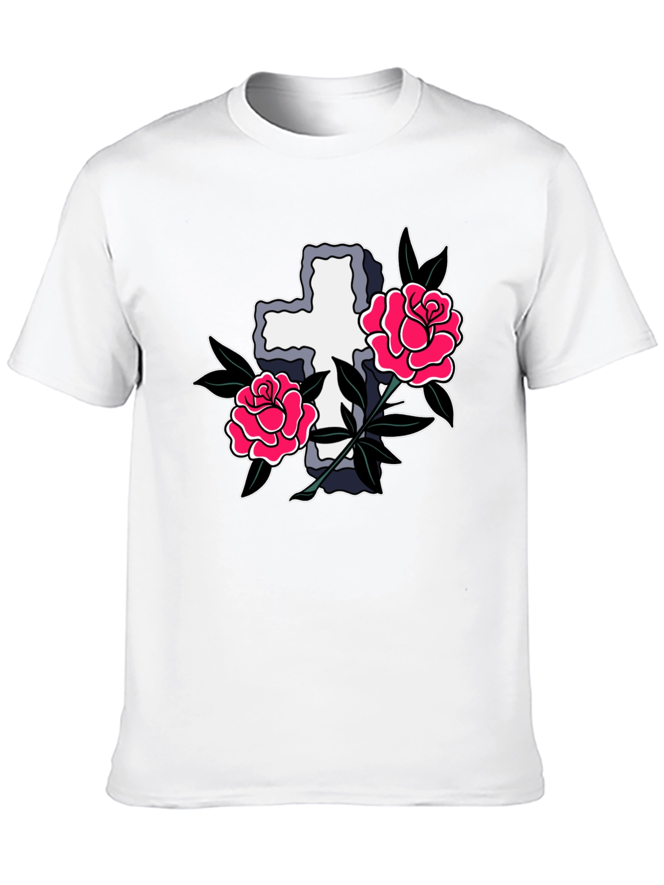 Cross & Roses Graphic T-Shirt - Classic Tattoo Style