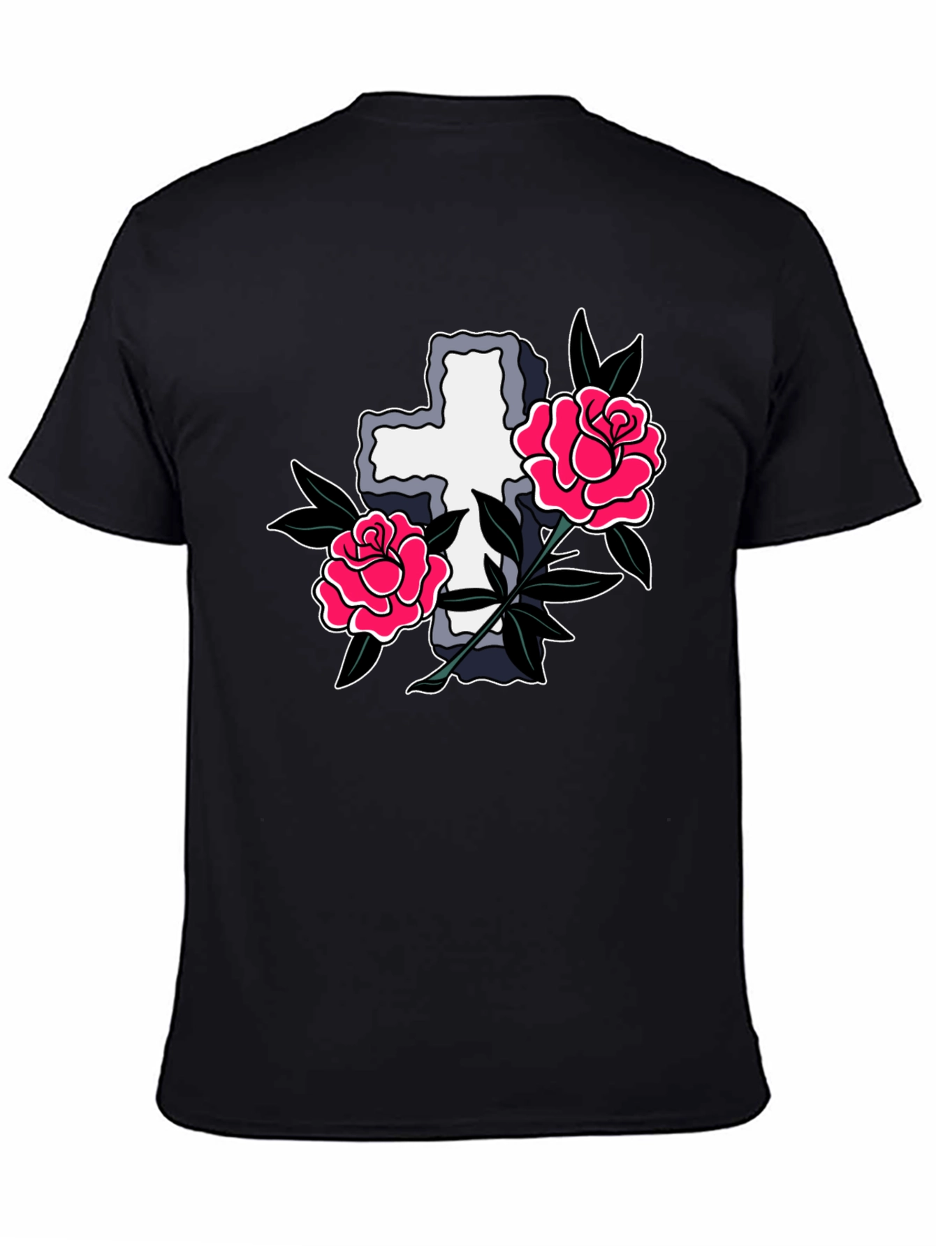 Cross & Roses Graphic T-Shirt - Classic Tattoo Style