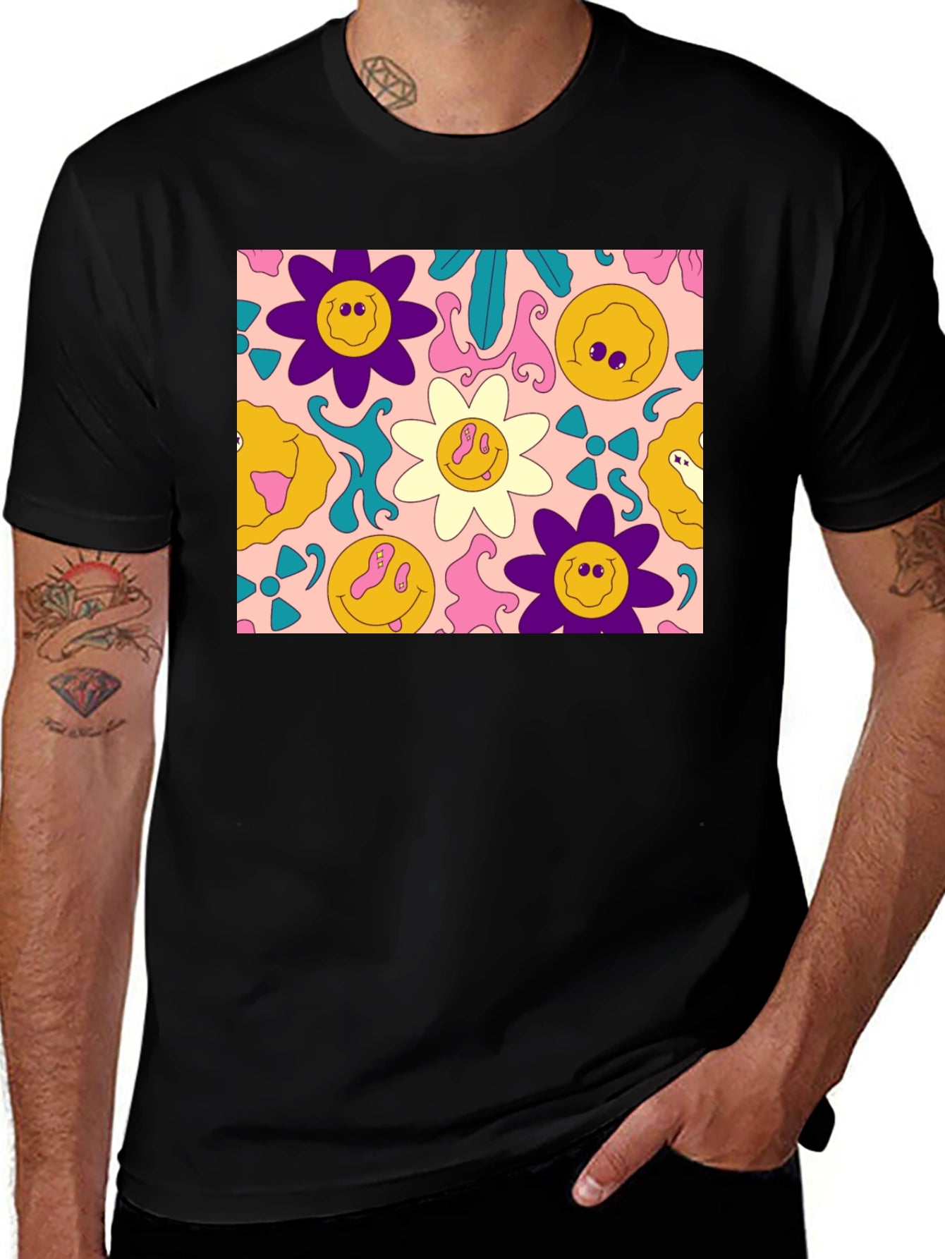 Groovy Retro Floral Graphic Tee - Black