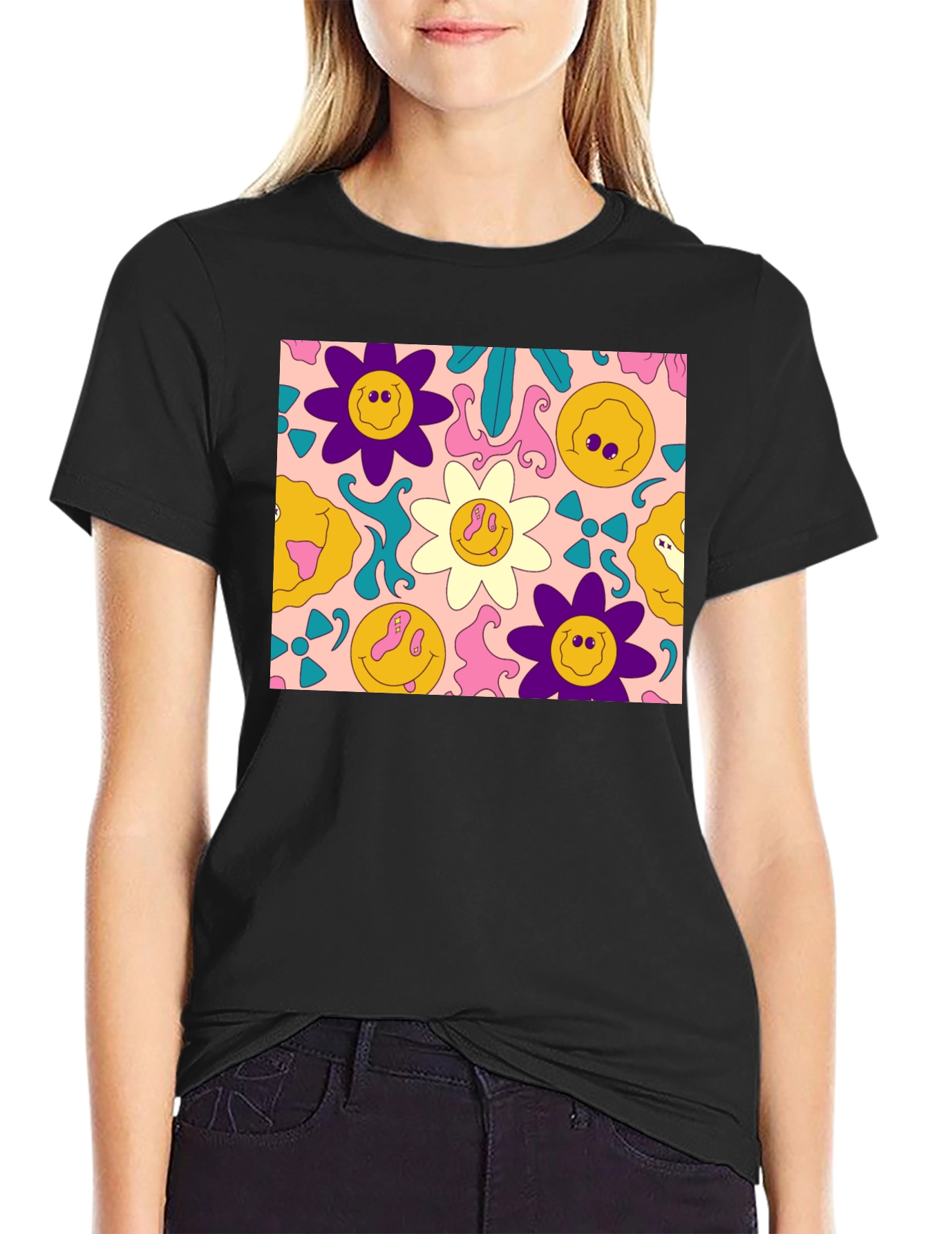 Groovy Retro Floral Graphic Tee - Black