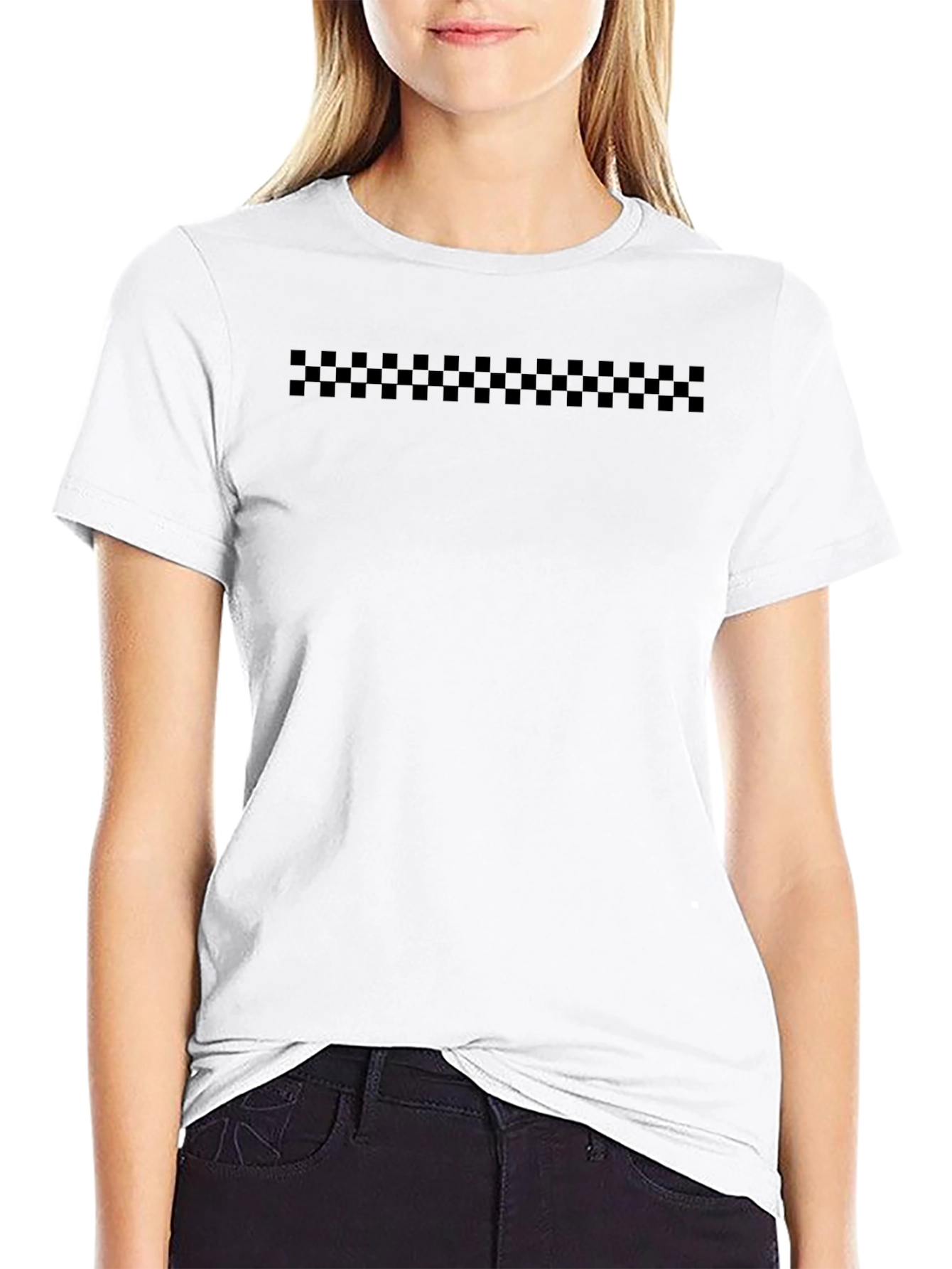 Black Checkerboard Striped Mens Crewneck Tee