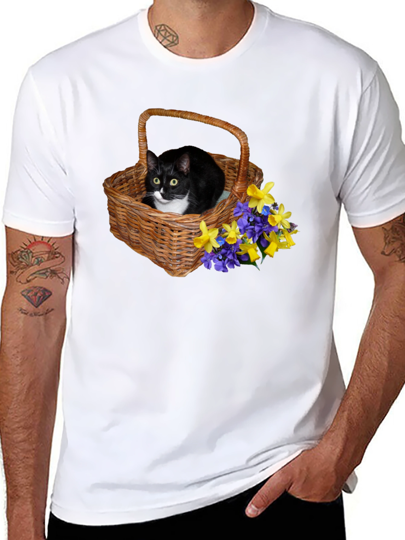 Cat in Basket Flowers Graphic Tee