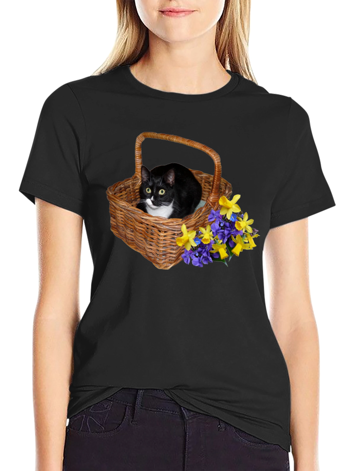 Cat in Basket Flowers Graphic Tee