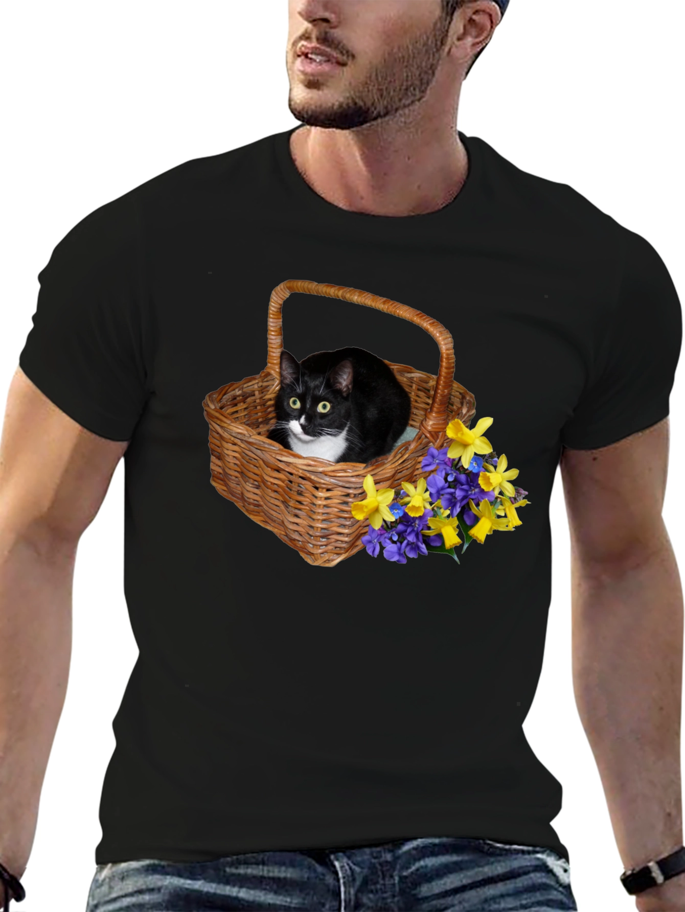 Cat in Basket Flowers Graphic Tee