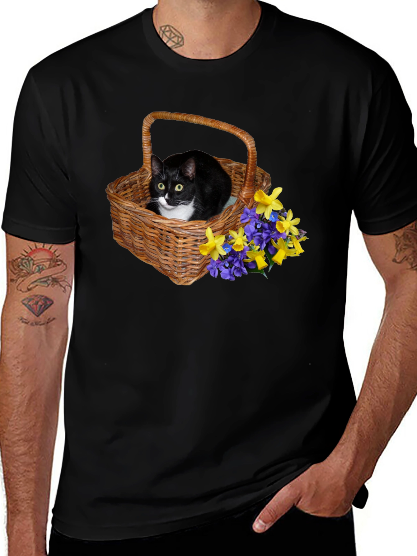 Cat in Basket Flowers Graphic Tee