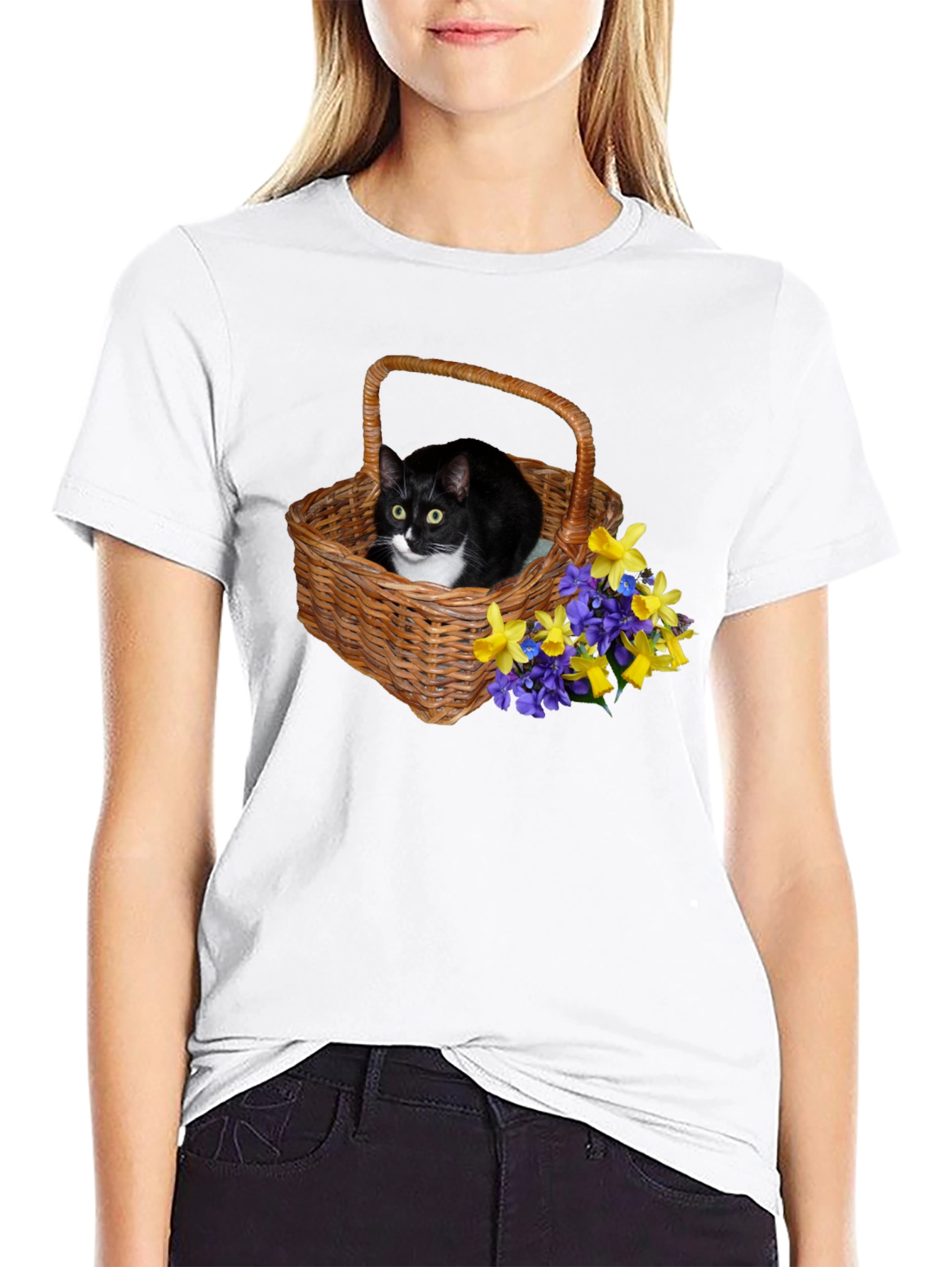 Cat in Basket Flowers Graphic Tee
