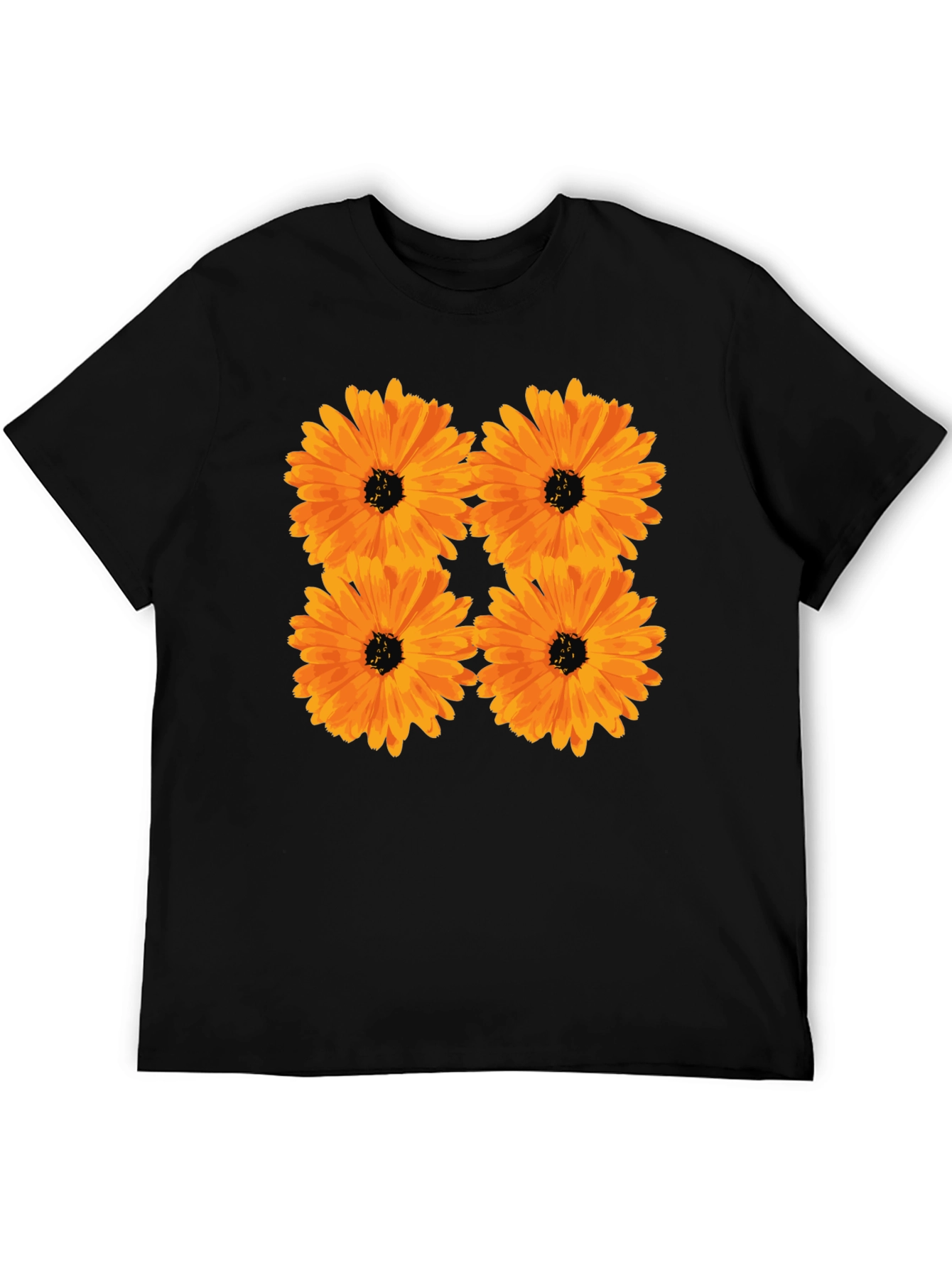Floral Print Black T-Shirt with Orange Flowers