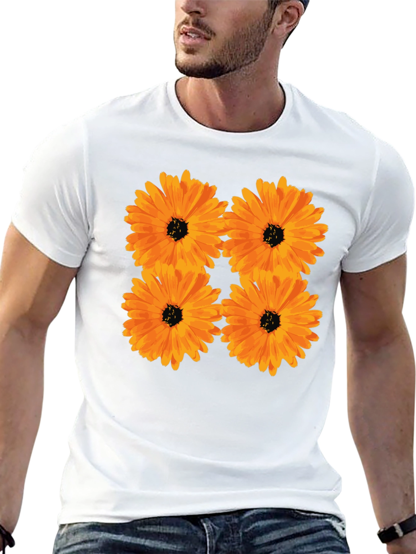 Floral Print Black T-Shirt with Orange Flowers
