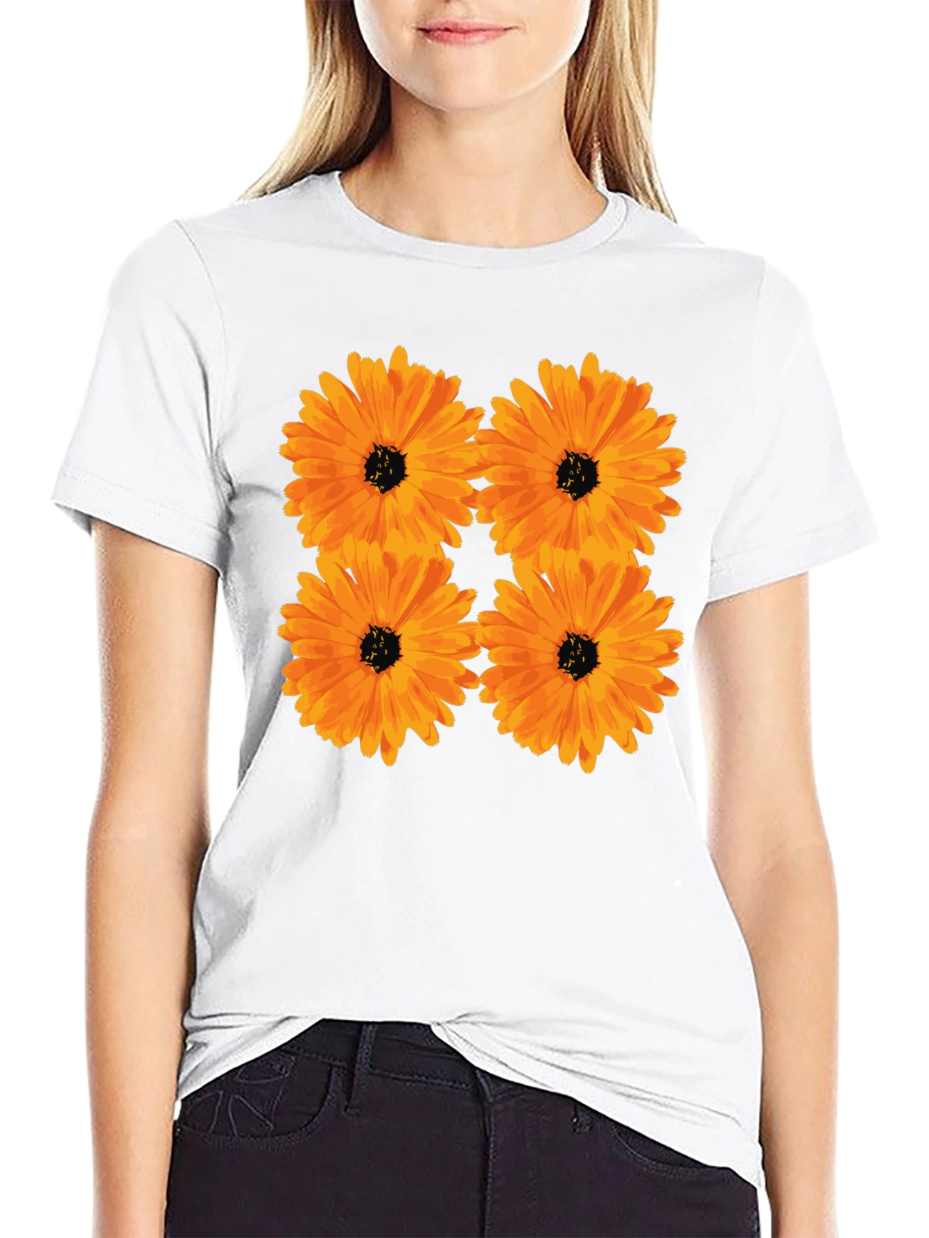 Floral Print Black T-Shirt with Orange Flowers