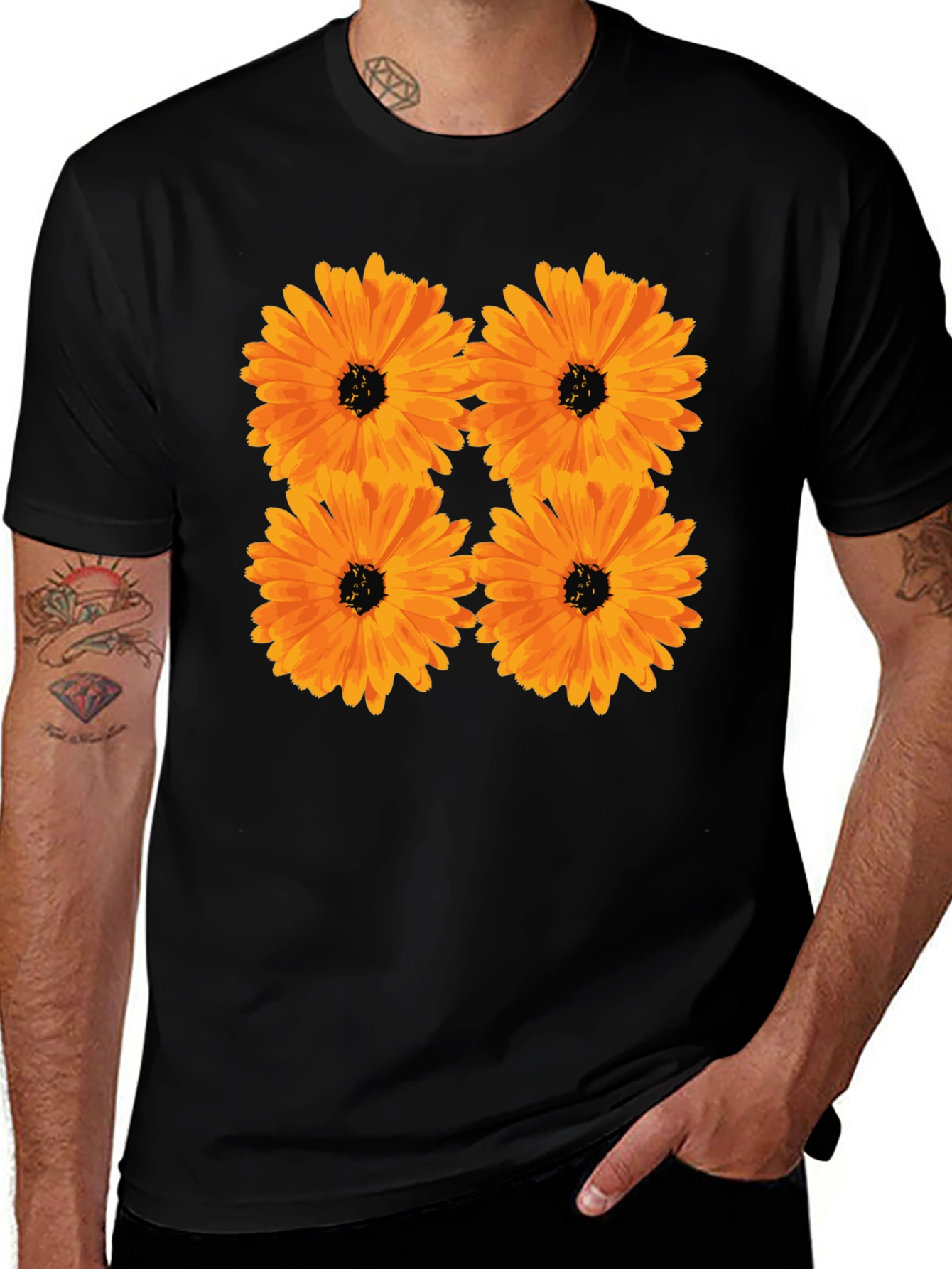 Floral Print Black T-Shirt with Orange Flowers