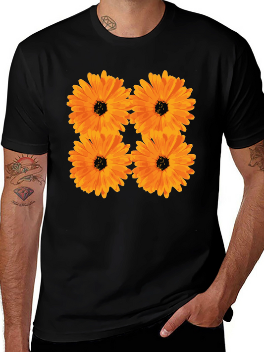 Floral Print Black T-Shirt with Orange Flowers