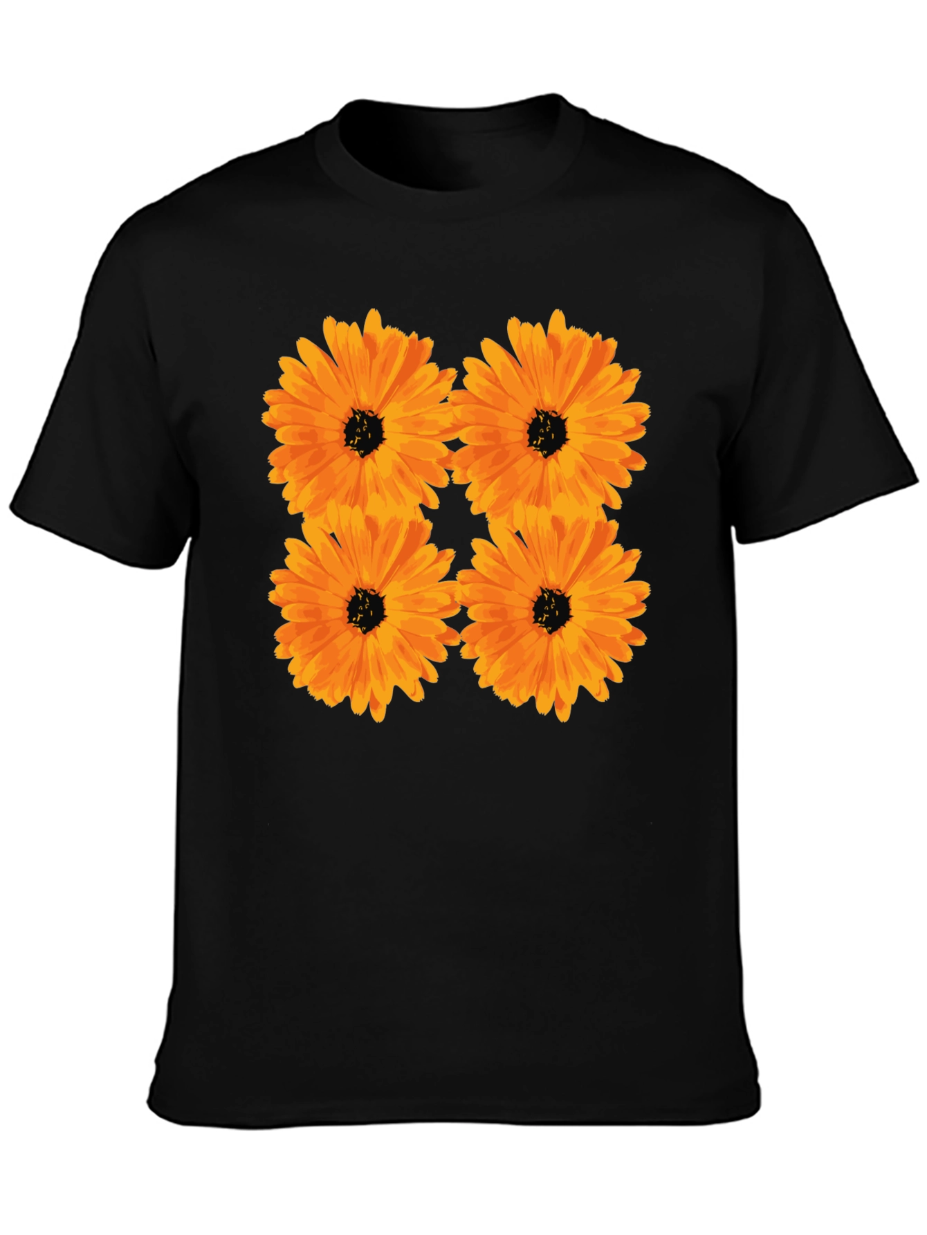 Floral Print Black T-Shirt with Orange Flowers