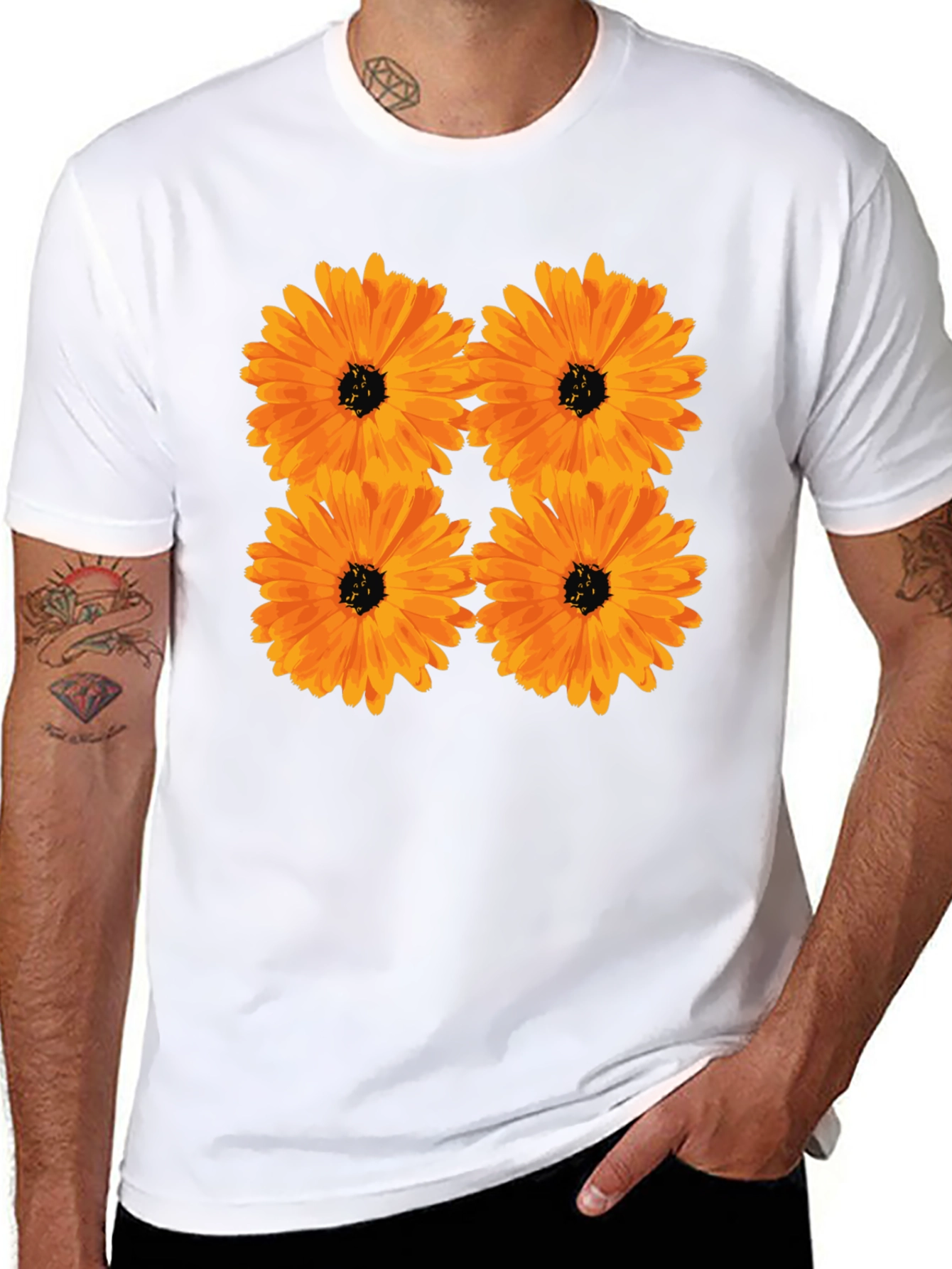 Floral Print Black T-Shirt with Orange Flowers