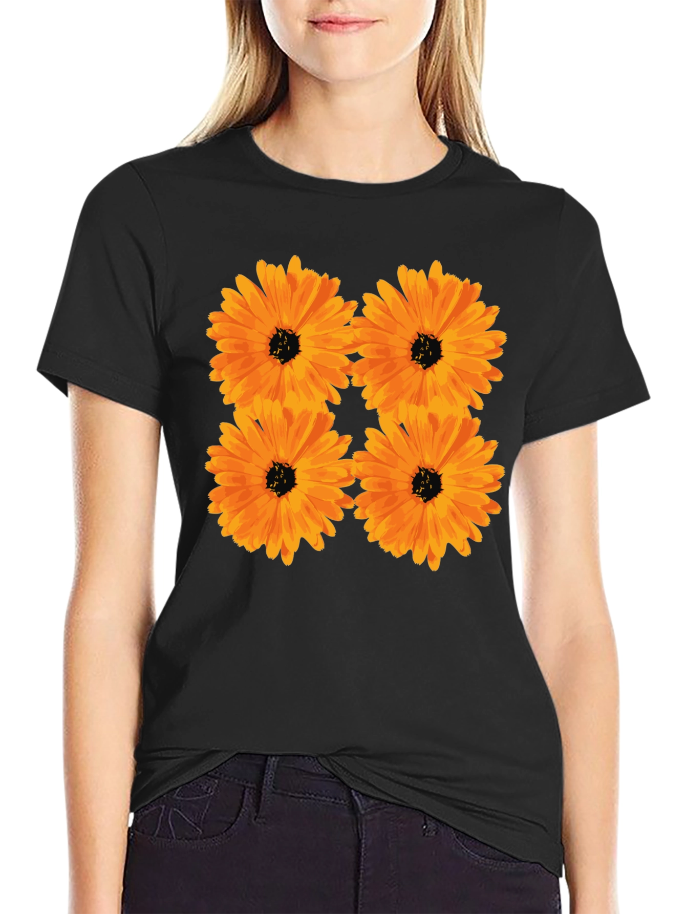 Floral Print Black T-Shirt with Orange Flowers